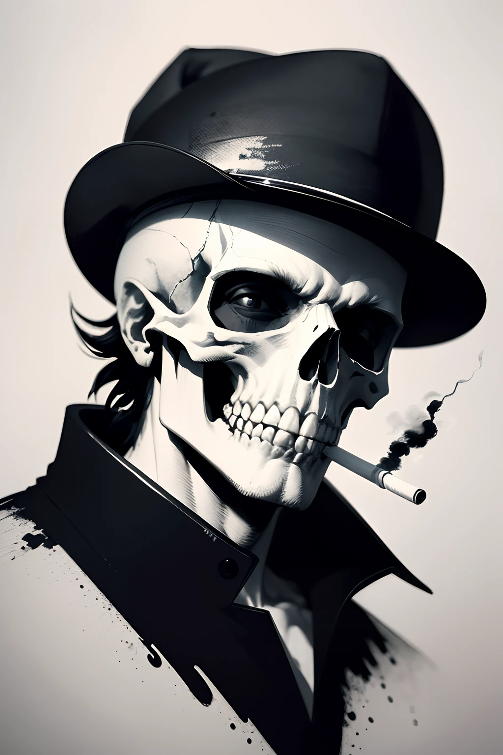 Solid white background,black andwhite,Skull holding a cigarette,logo,4K,Simple style,ink and watercolor painting,water ink,Single skull,Wearing a cowboy hat