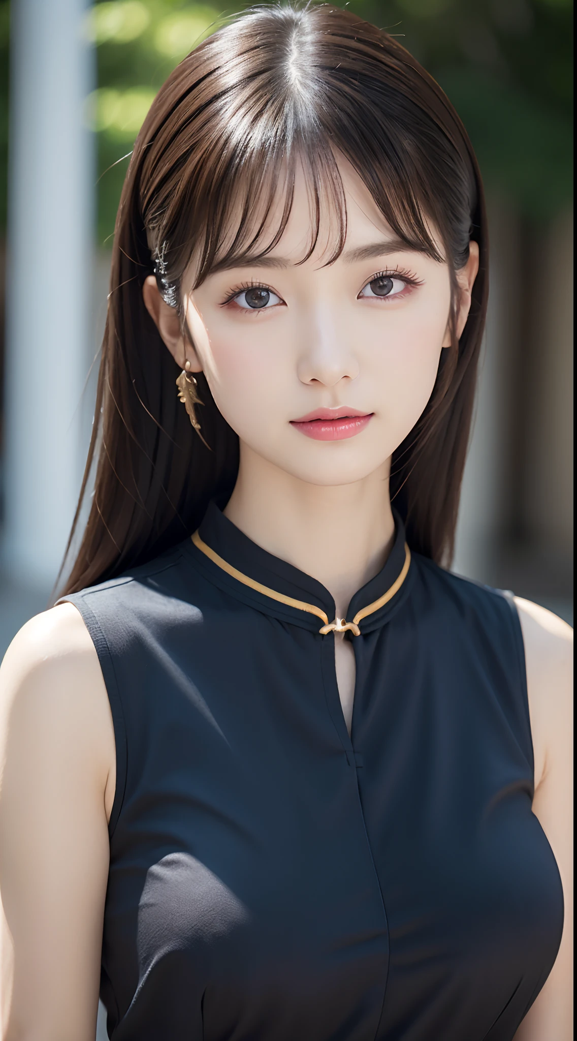 (8K, Raw photo, Best Quality, masutepiece:1.2), (Realistic, Photorealsitic:1.37),1girl in, Professional Lighting, Photon mapping, Radio City, Raw photo、(Photorealsitic:1.4)、Octane number renderin、Complex 3D rendering ultra detail, Studio Soft Light, Rim Lights, vibrant detail, super detailing, realistic skin textures, Detail Face, Beautiful detail eyes, Very detailed CG Unity 16k wallpaper, make - up, (detailedbackground:1.2),Colossal tits、Best Quality, 超A high resolution, masutepiece, 1girl in, 20yr old, Black hair,(Cheongsam), cute  face, Bun,a temple background、乃木坂アイドル、韓国アイドル、Japan idle