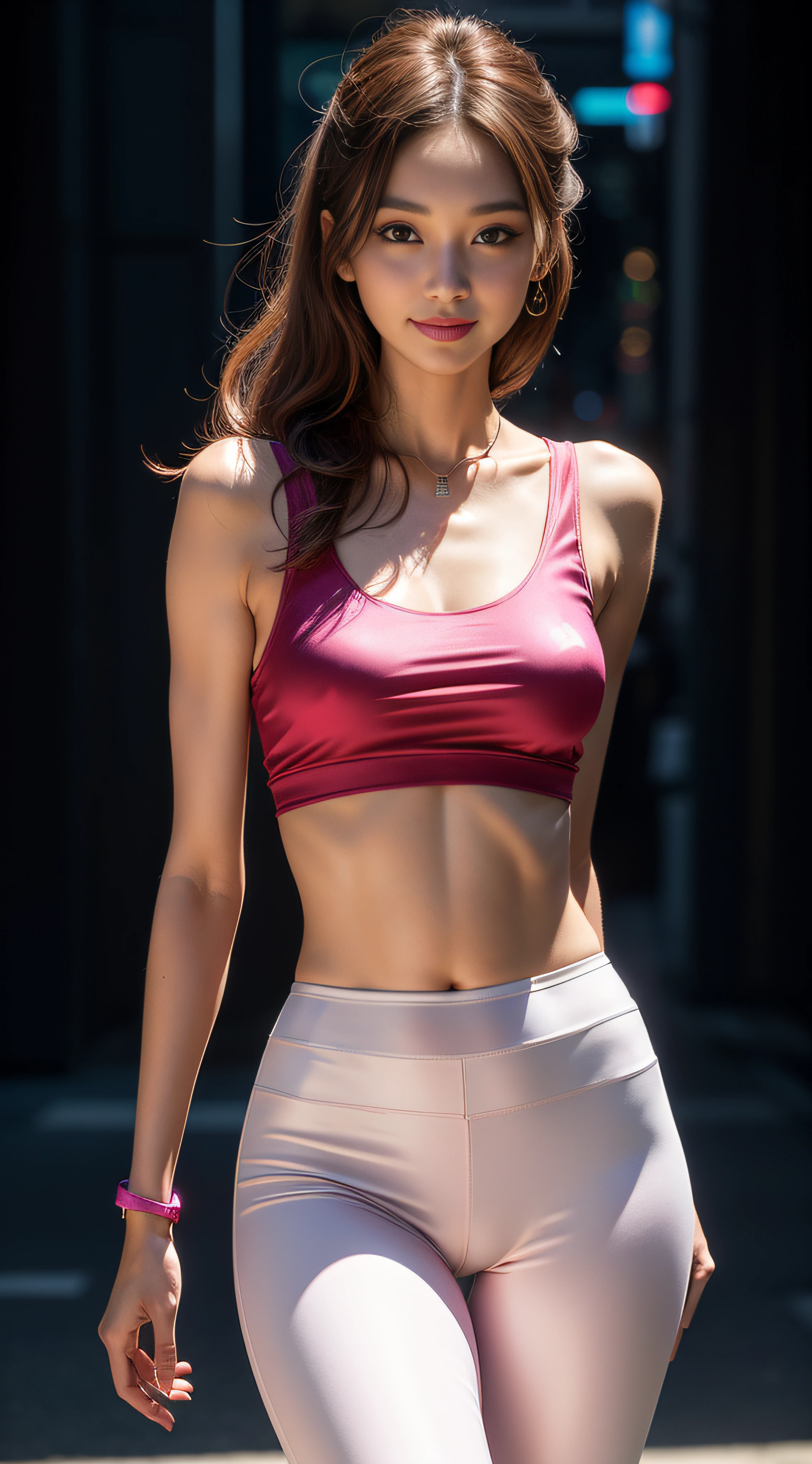 8k, masterpiece, RAW photo, best quality, photorealistic, extremely detailed CG unity 8k wallpaper, Depth of field, Cinematic Light, Lens Flare, Ray tracing, (extremely beautiful face, beautiful lips, beautiful eyes), intricate detail face, ((ultra detailed skin)) 1girl, in the dark, deep shadow, pretty korean girl, kpop idol, 1 girl, (very slim slender fit-muscled body:1.3), ((looking at viewer)),(big smile:1.3), (tight laced blouse), (see through blouse), (sleeveless) , (fashion city night, dark night, (neon sign), (blurred background), fashion street night),(without people in the background:1.3), beautiful earrings, bracelets, necklace, pantyhose, clear eyes, (pale skin), (big eyes), face forward, ((upper body shot)), ((silk hot pink color pants:1.3)),(brown hairs),((tight fitting silk pants)), (looking at viewer:1.3) open breast, very slim, medium breasts, see through, ((camel toe)), (silk shirt), (laced shirt)