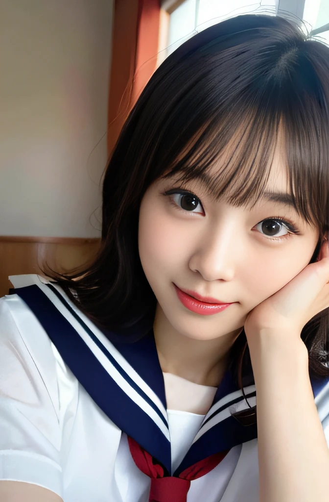 1girl, japanese gravure model, cute beautiful girl, medium breasts, clean face skin, smile shyly,
BREAK
sexy feeling, erotic feeling,
(hot-pillow hotel's room:1.2), (Immediately after sexual :1.1), (japanese high school uniform with sailor collar:1.2), sailor uniform, red scarf, (pleated skirt),
(dynamic angle, dynamic pose:1.3),
BREAK
masterpiece, best quality, highres, detailed skin, detailed, detailed face and eyes, hi-res, natural lighting, perfect anatomy, physically-based rendering, photorealistic, symmetric clear eyes, well-groomed face,