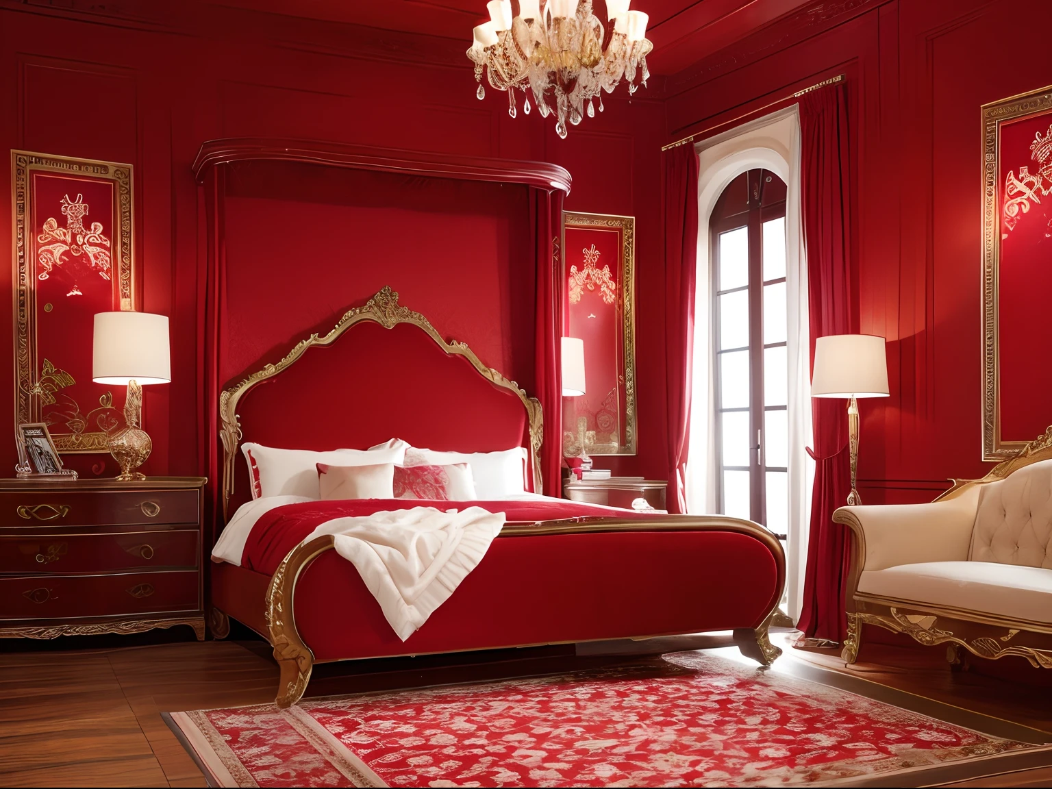 Gorgeous red wallpaper、[photos realistic]!!,Candid flash photography、magnifica、flash photo、high-class sense、There are a lot of decorations