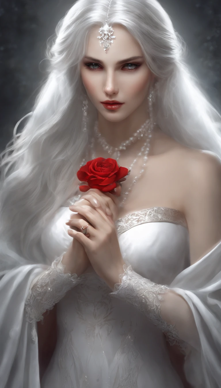 White-haired animated girl, The red dress was blindfolded, Gray-haired god, cradling hands, DOA, Unreal-Fantasy, Guwitz, Fantasy art style, White mask, beautiful fantasy maiden, White-eyed girl, Beautiful girl, gray-haired girl, Delicate white eyes, Guvitz-style artwork, beautiful fantasy art.