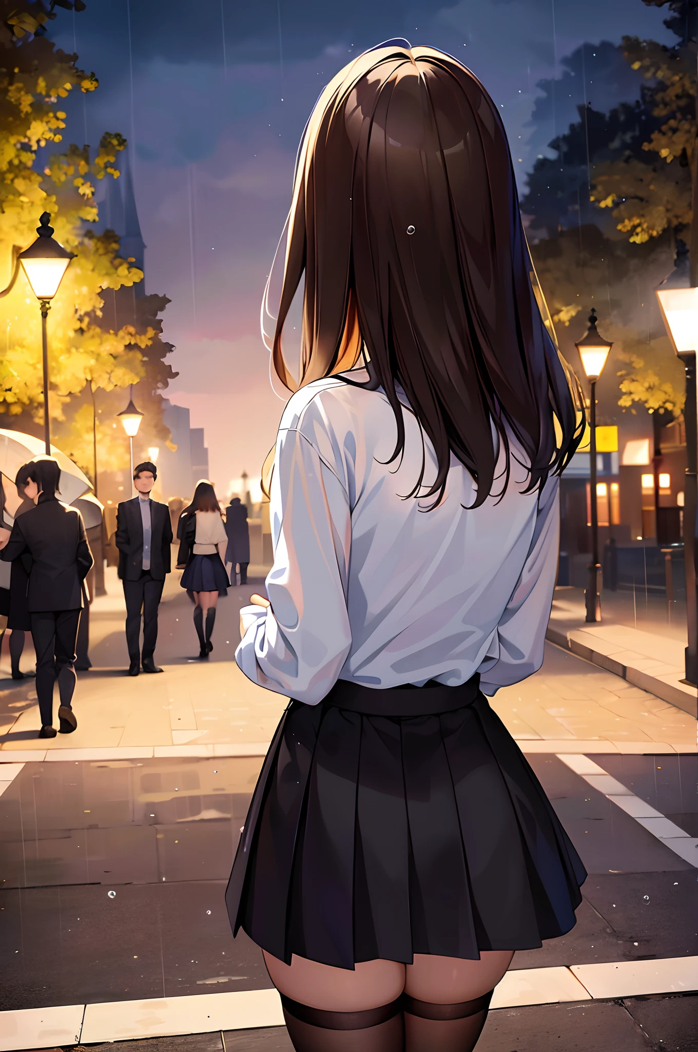 (Best quality),(Masterpiece), (Extremely detailed 8k wallpaper),（very heavy rain），Raindrops in the air，Cinematic lighting, （the street lights），the street，（Passers-by with umbrellas），Dim light, Best shadow, Under the trees,  1 girl's back，（Back shadow），Brown hair，White shirt，black short skirt，black long socks，Black leather shoes，reflective hair,