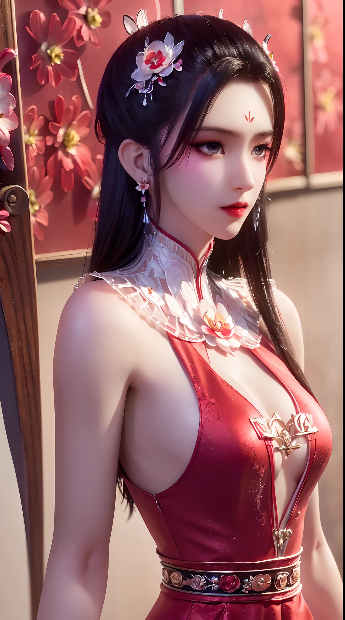1 beautiful and sexy 20 year old girl, ((wearing a super thin red dress:1.8)), a dress with diamonds, ((long platinum hair:1.6)), bangs, jewelry elaborately made from precious stones and beautiful hair, ((wearing a black lace necklace:1.4))), the noble, noble style of an extremely beautiful girl, her small face is super cute, her face is very pretty, thin eyebrows, flawless beautiful face, ((black eye pupils: 0.8)), very beautiful eyes, ((light red eyes: 1.5)), nice makeup and hair detailed eyelashes, steamy eye makeup, high nose, earrings, red lips, ((closed mouth: 1;5 )) beautiful lips, slim hands, most beautiful thighs, ((arms spread out to the sides: 1.5) ), rosy face, clean face, flawless beautiful face, smooth white skin, (big breasts: 1.5)), ((high breasts: 1.6) ), tight breasts, beautiful cleavage, (((big breasts and super round: 1.8))), ((super tight breasts: 1.7)) , beautiful breasts, back arms, chest out, thin black mesh stockings with black lace trim, 8k photo, super high quality, super realistic, super 10x pixels, optical, bright studio, bright edges, dual-tone lighting, (high-detail skin:1.2), super 8k, soft lighting, high quality, volumetric lighting, photorealistic, photorealistic high resolution, lighting, best photo, 4k, 8k quality, blur effect, smooth sharp, 10 x pixel, ((red flower background:1.7)), aurora, lightning, super graphics realistic, most realistic graphics, 1 girl, alone, solo, Extremely sharp image, surreal, girl's upper body, (((frontal portrait: 1.6)))."