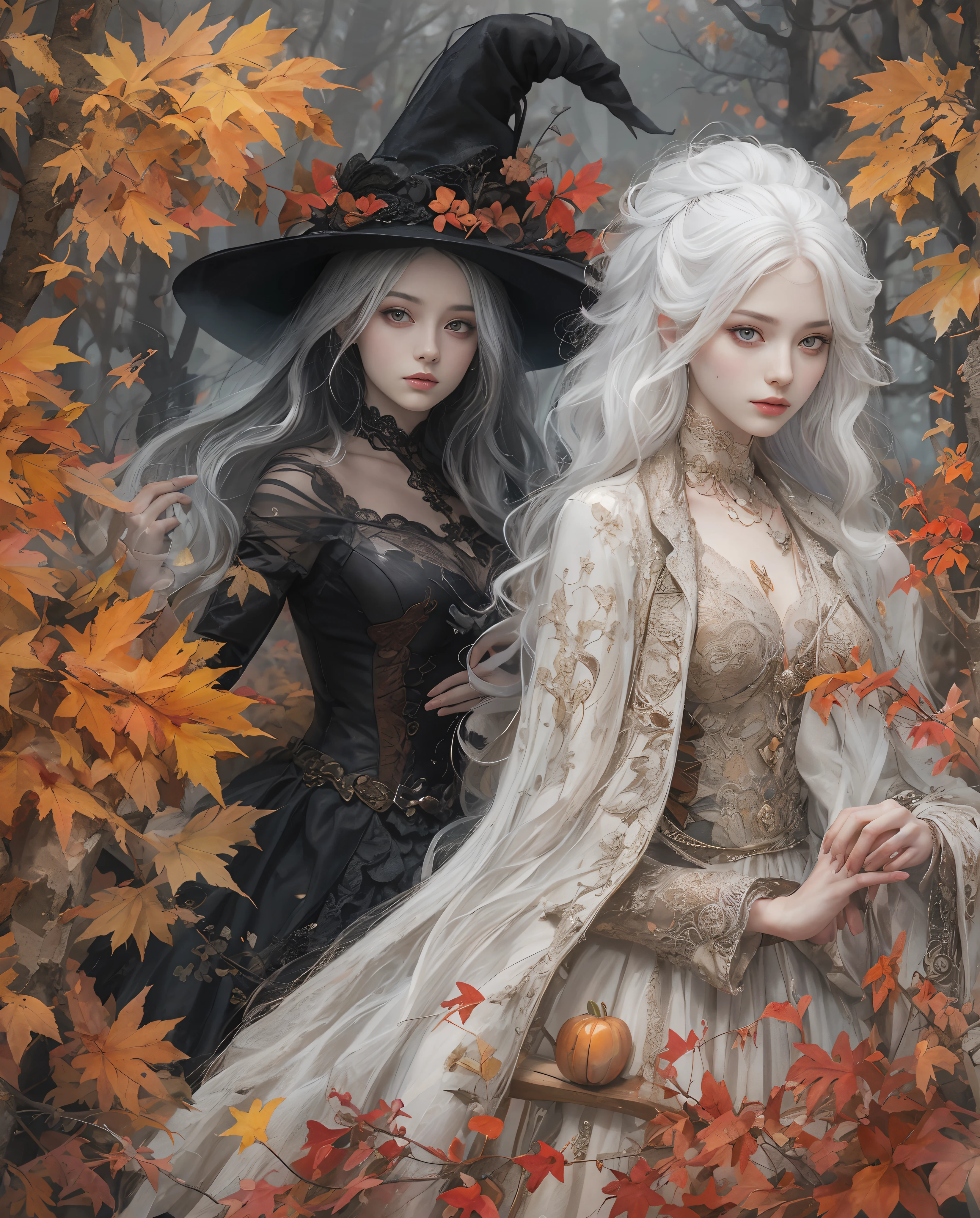 Best quality, masterpiece, meticulous details, intricate detail, 2 people, a mystical autumn lady with black hair alongside a mystical halloween lady with white hair