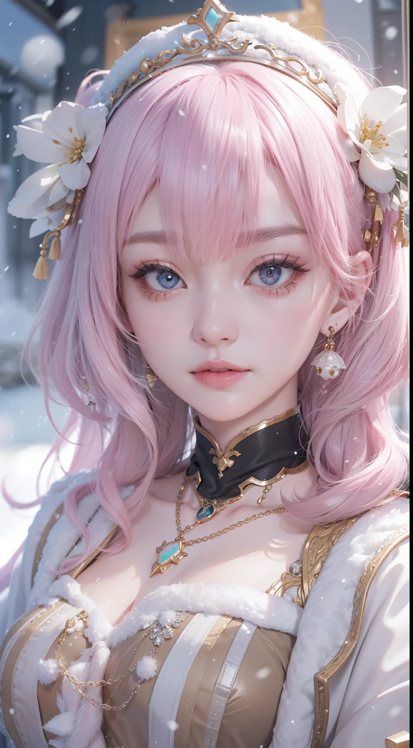 Works of masters，Best image quality，超高分辨率，8K分辨率，first person perspective，(full bodyesbian)，s the perfect face，Glowing skin，Exquisite facial features，solo person，femele，ssmile，long whitr hair，Pink hair，crossed bangs，Wave head，Bracelet，Collar，pendant，Lolita costume，snowflower，Winters，Temple，New Year，Opal rendering，Cinematic lighting，Winter snow method
