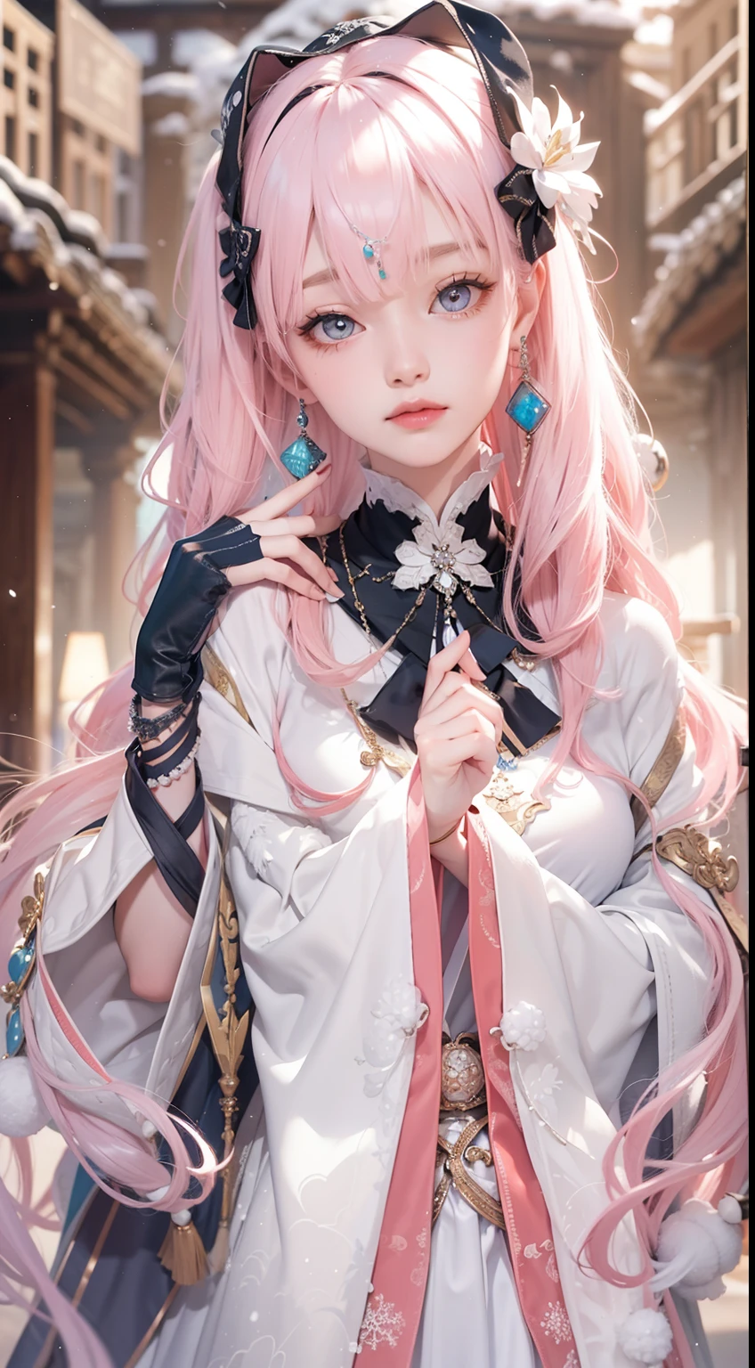 Works of masters，Best image quality，超高分辨率，8K分辨率，first person perspective，(full bodyesbian)，s the perfect face，Glowing skin，Exquisite facial features，solo person，femele，ssmile，long whitr hair，Pink hair，crossed bangs，Wave head，Bracelet，Collar，pendant，Lolita costume，snowflower，Winters，Temple，New Year，Opal rendering，Cinematic lighting，