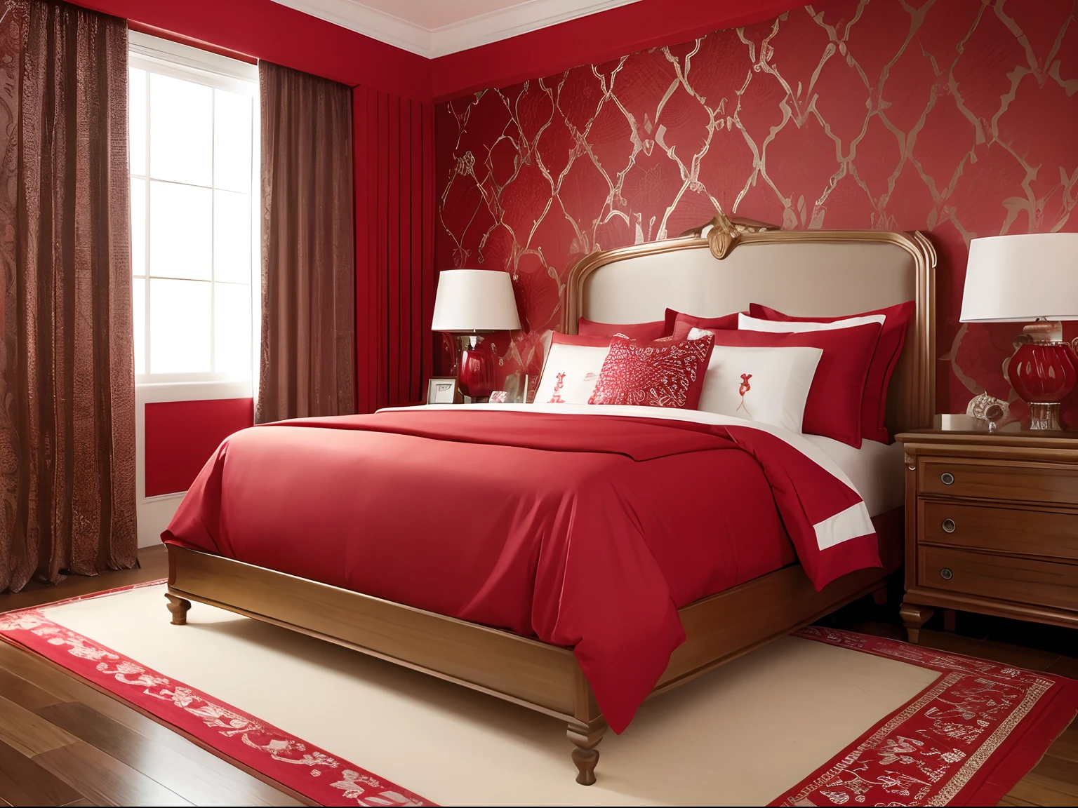 Gorgeous red wallpaper、[photos realistic]!!,Candid flash photography、magnifica、flash photo、high-class sense、There are a lot of decorations