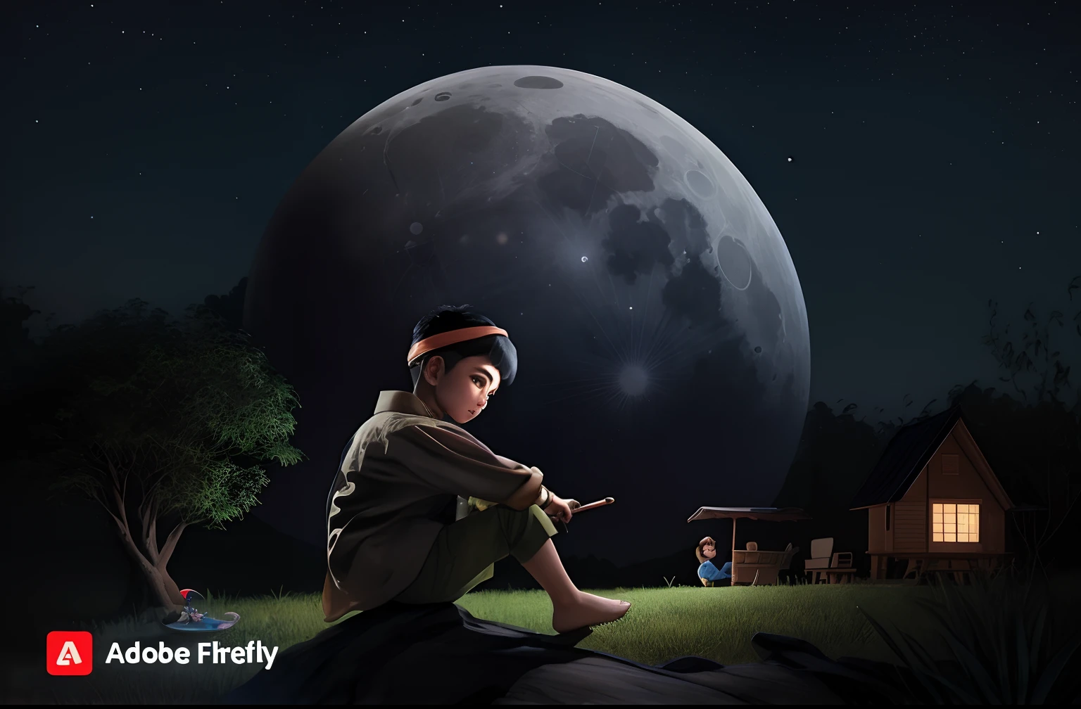 there is a man sitting on a rock in the grass, sitting on a moon, moon light fish eye illustrator, inspired by Rudy Siswanto, in front of a big moon, fanart, cyril rolando and goro fujita, moon, looking at the moon, chinese fantasy, looking at the full moon, wide angle portrait of astroboy, firefly