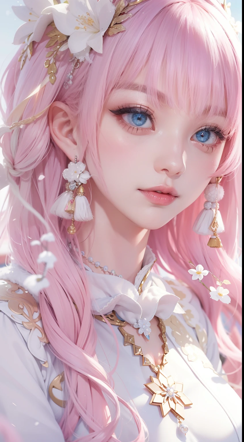 Works of masters,Best image quality,超高分辨率,8K分辨率,first person perspective,(full bodyesbian),s the perfect face,Glowing skin,Exquisite facial features,solo person,femele,ssmile,long whitr hair,Pink hair,crossed bangs,Wave head,Bracelet,Collar,pendant,ta costume,snowflower,Winters,Temple,New Year,Opal rendering,Cinematic lighting,