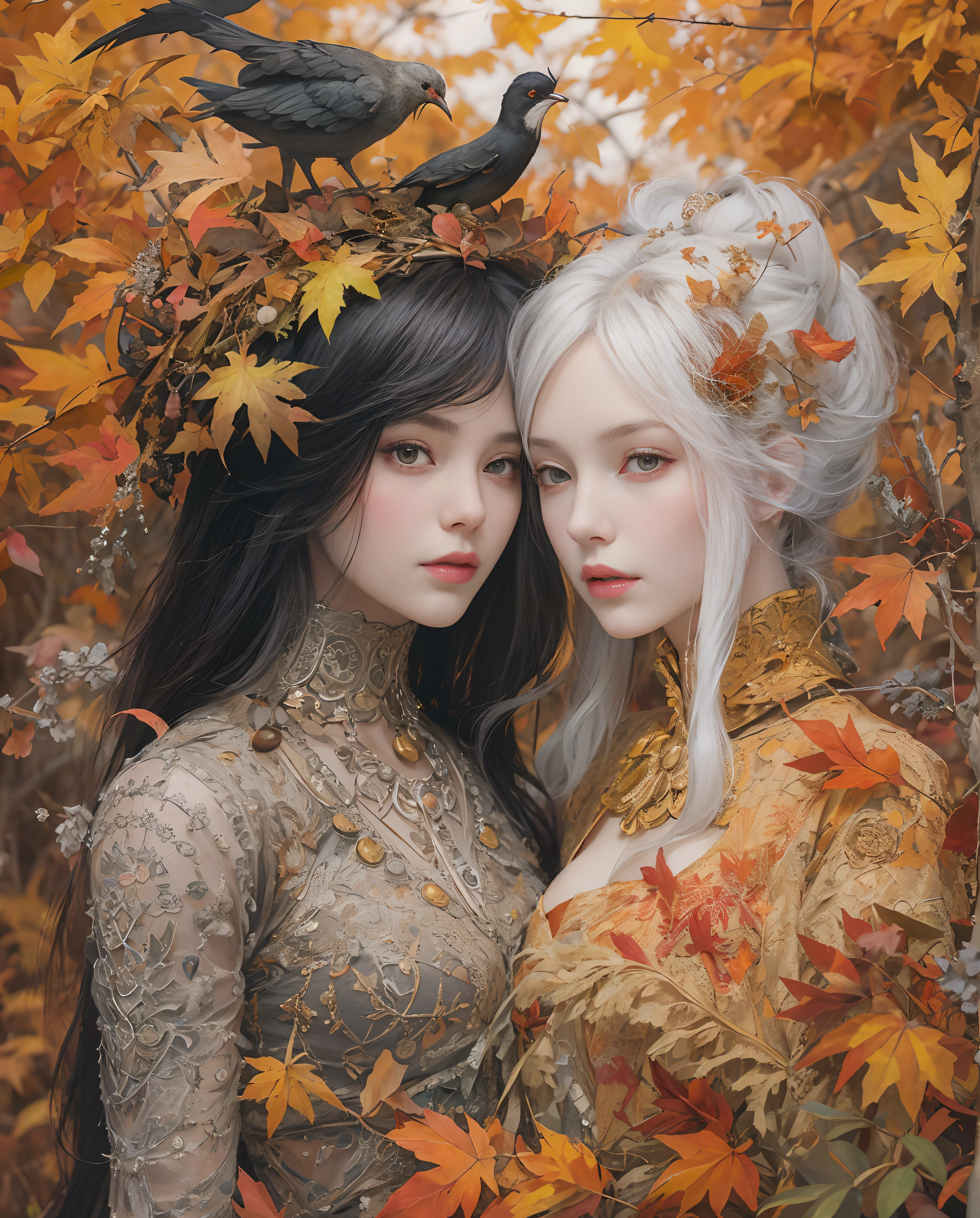 Best quality, masterpiece, meticulous details, intricate detail, 2 people, a mystical autumn lady with black hair alongside a mystical halloween lady with white hair