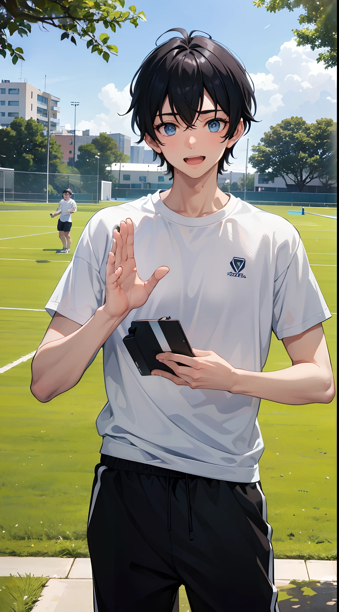 1 boy 19 years old, blue eyes, black hair, wearing a white sports shirt, wearing black gym shorts, wearing white sneakers, surprised face, surprised eyes, smile, raise hand high and wave, sunny weather, noon, standing, resting place next to the jogging field, extremely detailed, best graphics, 8k, ultrasharp, masterpiece