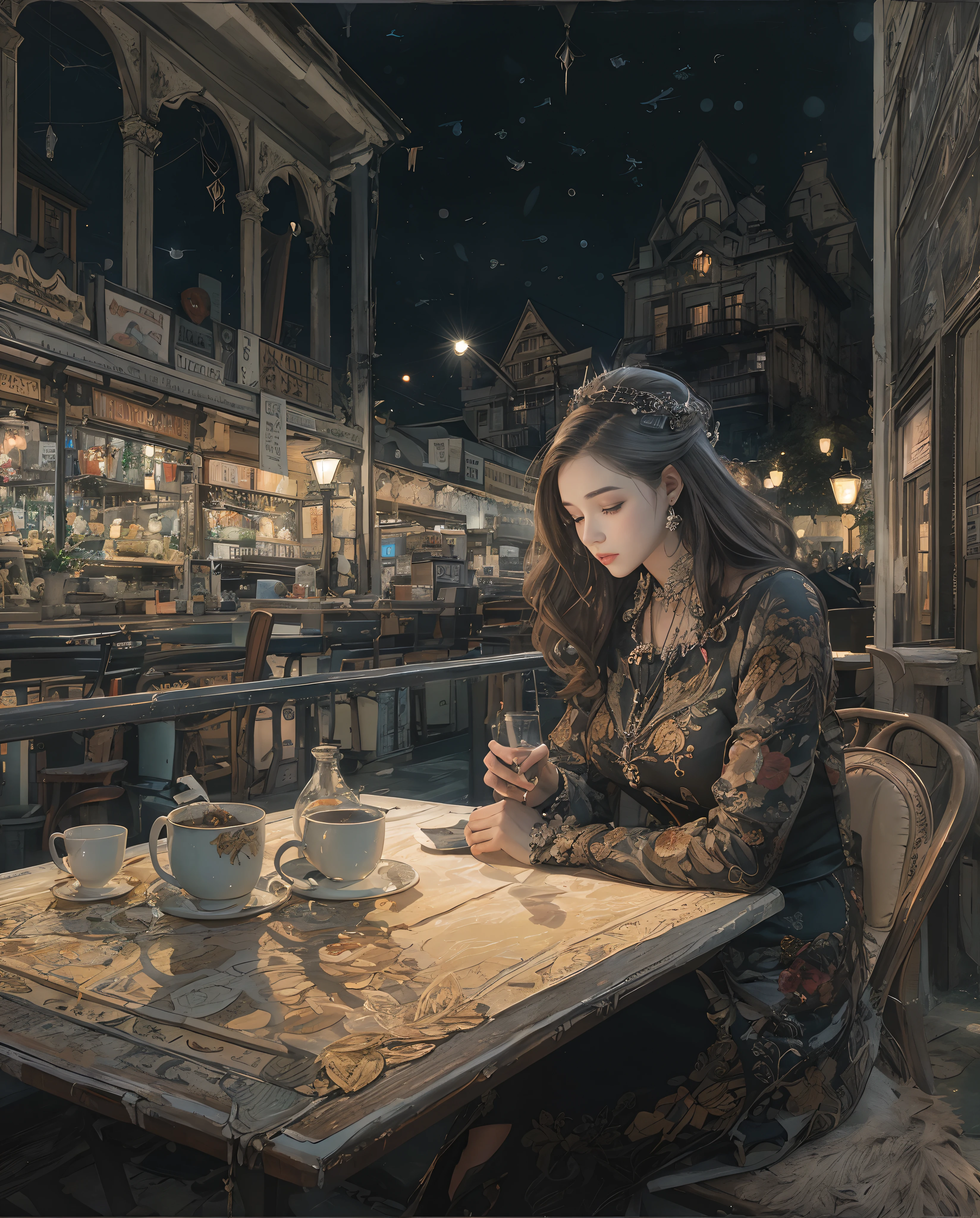 Best quality, masterpiece, meticulous details, intricate detail, a beautiful lady chilling at a night cafe in a chilly night