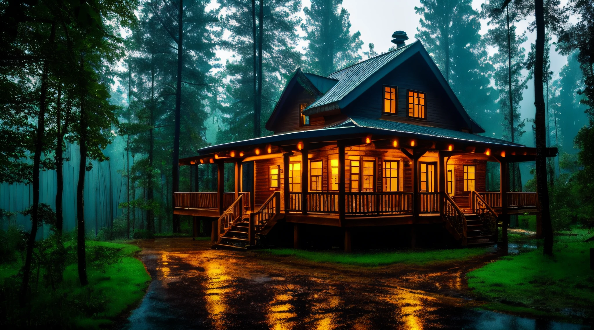a rustic house in the forest at night on a rainy day