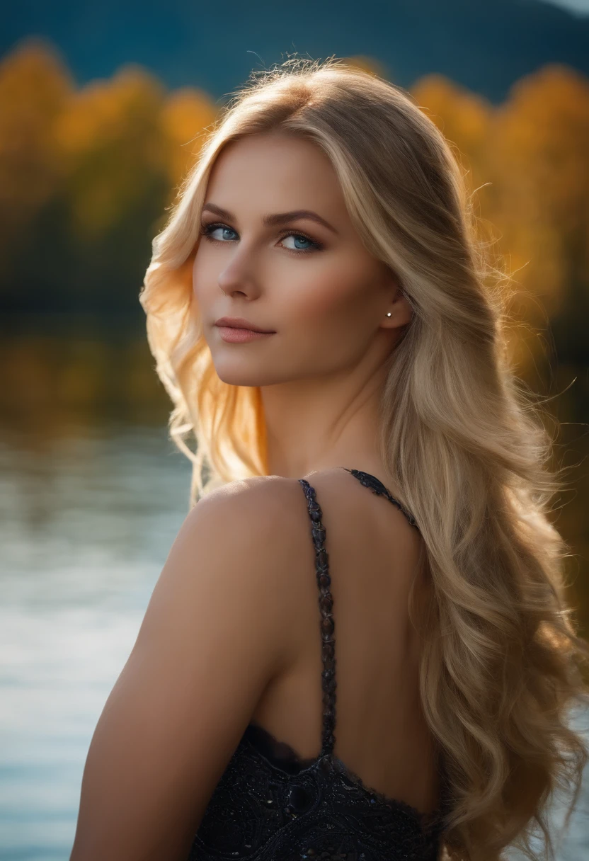 1girl, blonde, beautiful eyes, standing on lake shore,