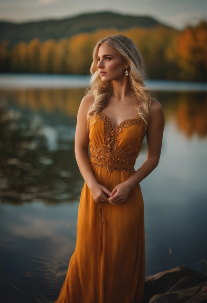 1girl, blonde, beautiful eyes, standing on lake shore,