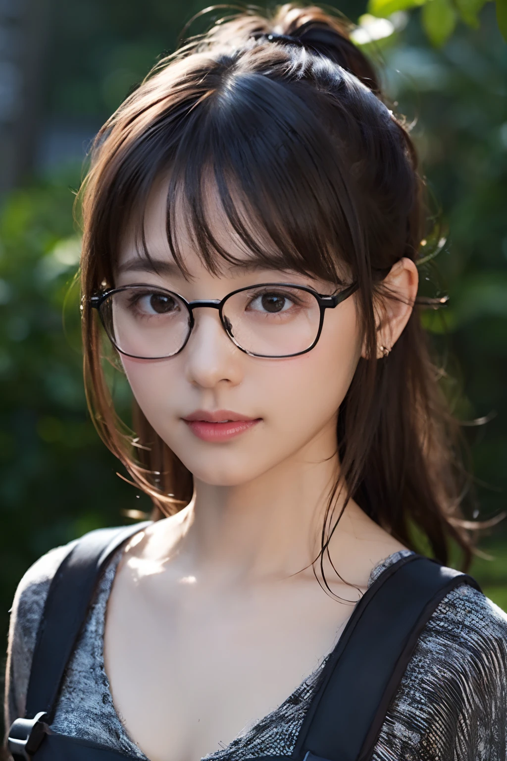 (8K、Raw photography、top-quality、masterpiece:1.2)、(realisitic、Photorealsitic:1.37)、ultra-detailliert、超A high resolution、女の子 1 人、29yo、see the beholder、beautifull detailed face、Smile、Constriction、(Slim waist) :1.3)、Beautiful detailed skin、Skin Texture、Floating hair、Hair bunched into one、(Mountaineering Wear:1.4)、Professional Lighting、Barbecue area in autumn、campsite、(((Black square glasses )))、Whole human body、Black hair、((Shameful appearance))、