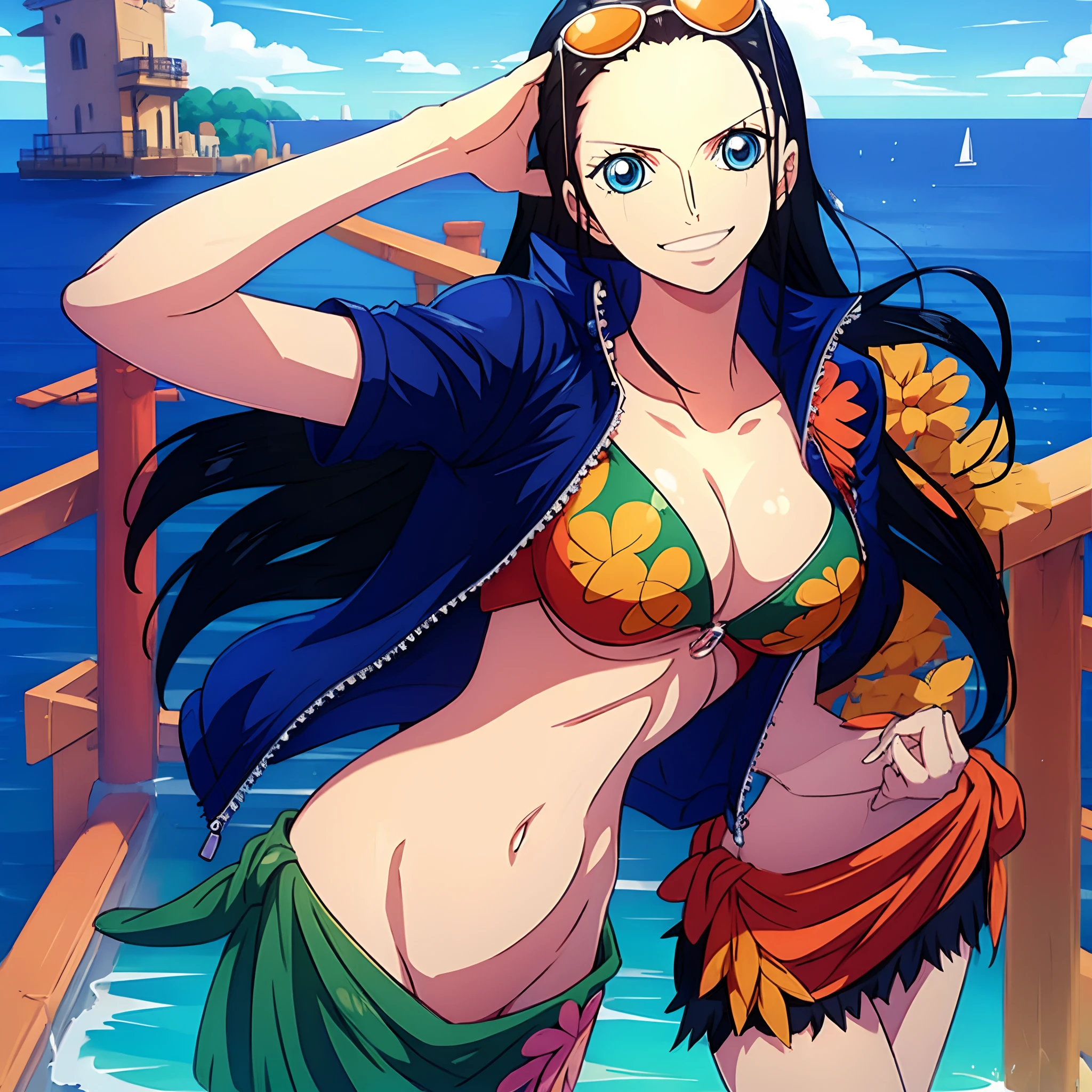 (((masterpiece))), Nico Robin from one piece, 1girl, solo, full body, long hair, looking at viewer, smile, blue eyes, large breasts, black hair, navel, cleavage, standing, collarbone, jacket, short sleeves, cowboy shot, outdoors, midriff, cloud, stomach, crop top, hand on hip, ocean, eyewear on head, cropped jacket, high collar, unzipped, sarong, hair slicked back, partially unzipped, print sarong,
