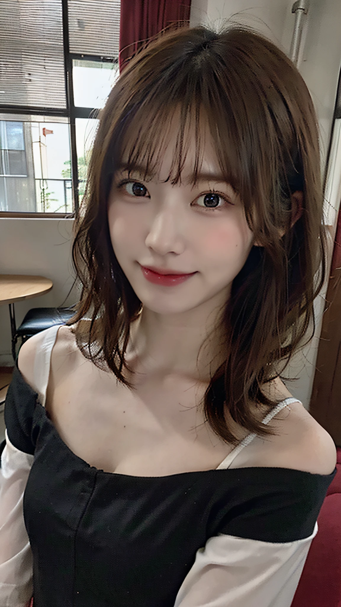 (masterpiece:1.3), (8K, Photorealsitic, Raw photography, Top image quality: 1.4), Japan high school girls、(small tits:1.3)、(Random hairstyles:1.2)、Super Detail Face、Eye of Detail、二重まぶた、foco nítido:1.2、prety woman:1.4、light brown hair、top-quality、masterpiece、超A high resolution、(Photorealsitic:1.4)、slender、(Outstanding smile)、(eye line:1.5)、heavy make up:1.8、eye line:1.8、(Looking at the camera)、Wearing an off-the-shoulder black long dress、shoulders are exposed:1.8、High-rise hotel suites、The morning sun is shining through the window