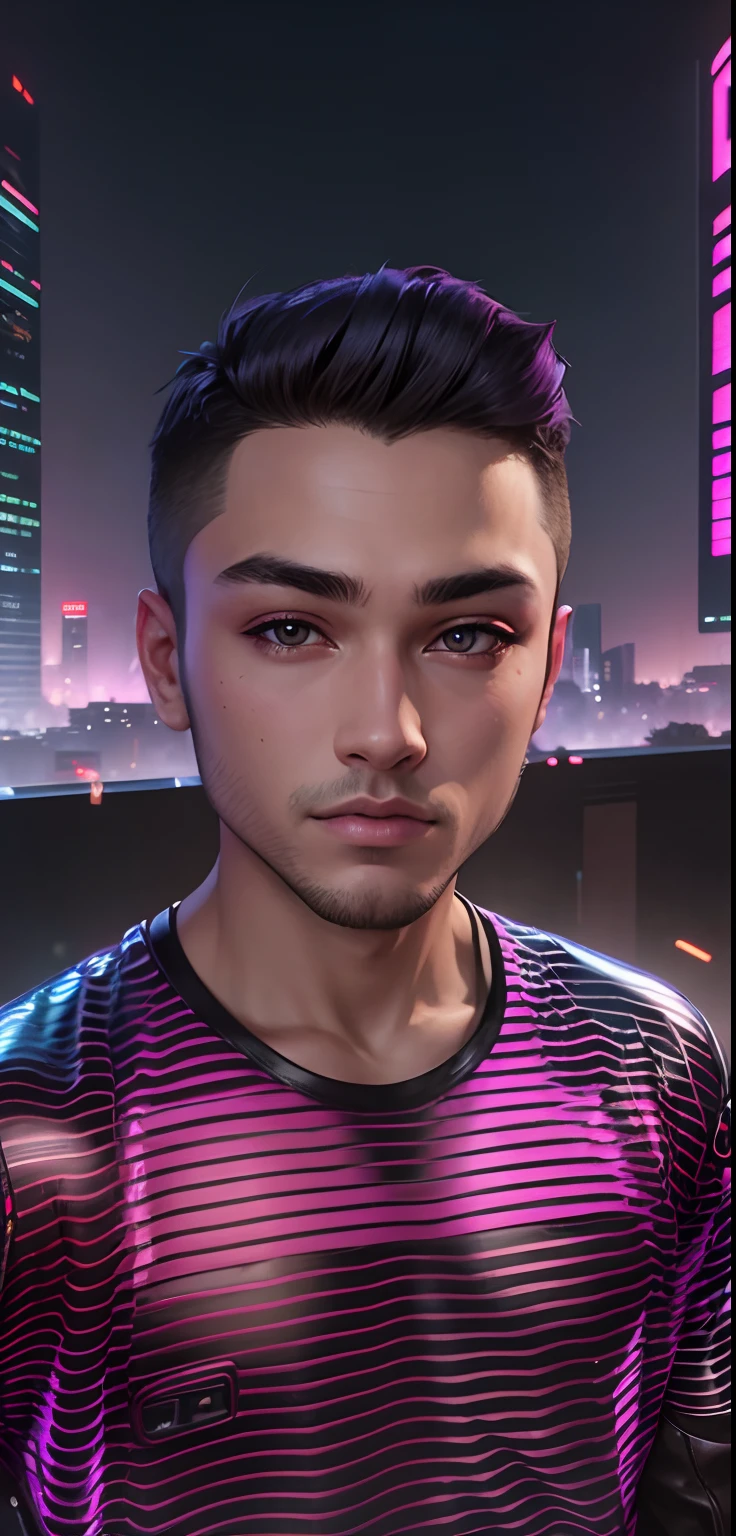 masterpiece, best quality, Confident cyberpunk boy, full body shot, ((standing in front of motorcycle)), Harajuku-inspired pop outfit, bold colors and patterns, eye-catching accessories, trendy and innovative hairstyle, vibrant makeup, Cyberpunk dazzling cityscape, skyscrapers, neon signs, LED lights, bright and vivid colour scheme, anime, illustration, detailed skin texture, detailed cloth texture, beautiful detailed face, intricate details, ultra detailed.