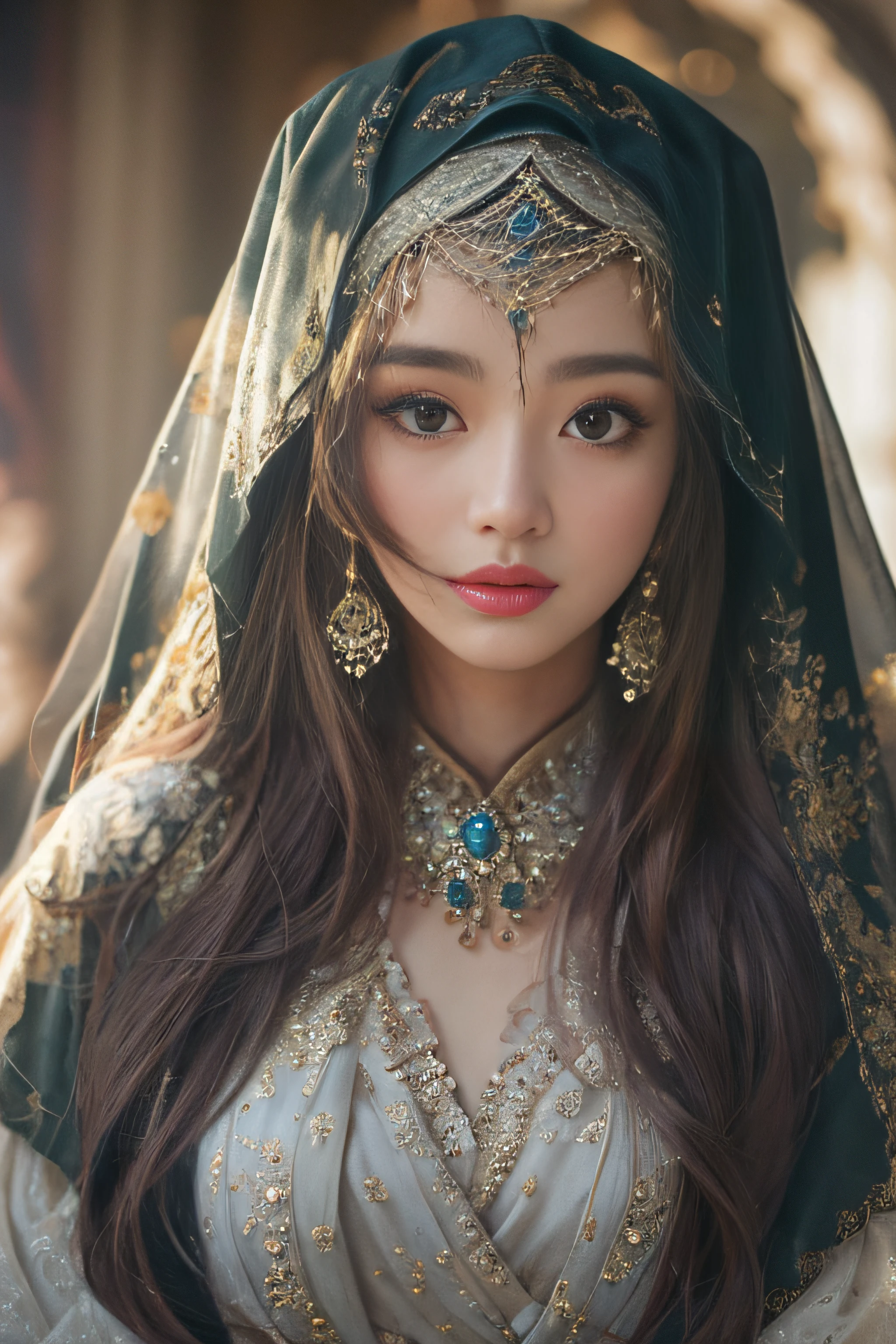 (RAW photo, best quality), (realistic, photo-realistic:1.3),HIJAB DRESS, best quality, highly detailed, masterpiece, ultra-detailed, illustration, 1girl, upper_body, dynamic angle, world masterpiece theater, messy_long_hair, best quality, extremely detailed CG unity 8k wallpaper, ink, Amazing, cinematic lighting, lens_flare, dunhuang_style,