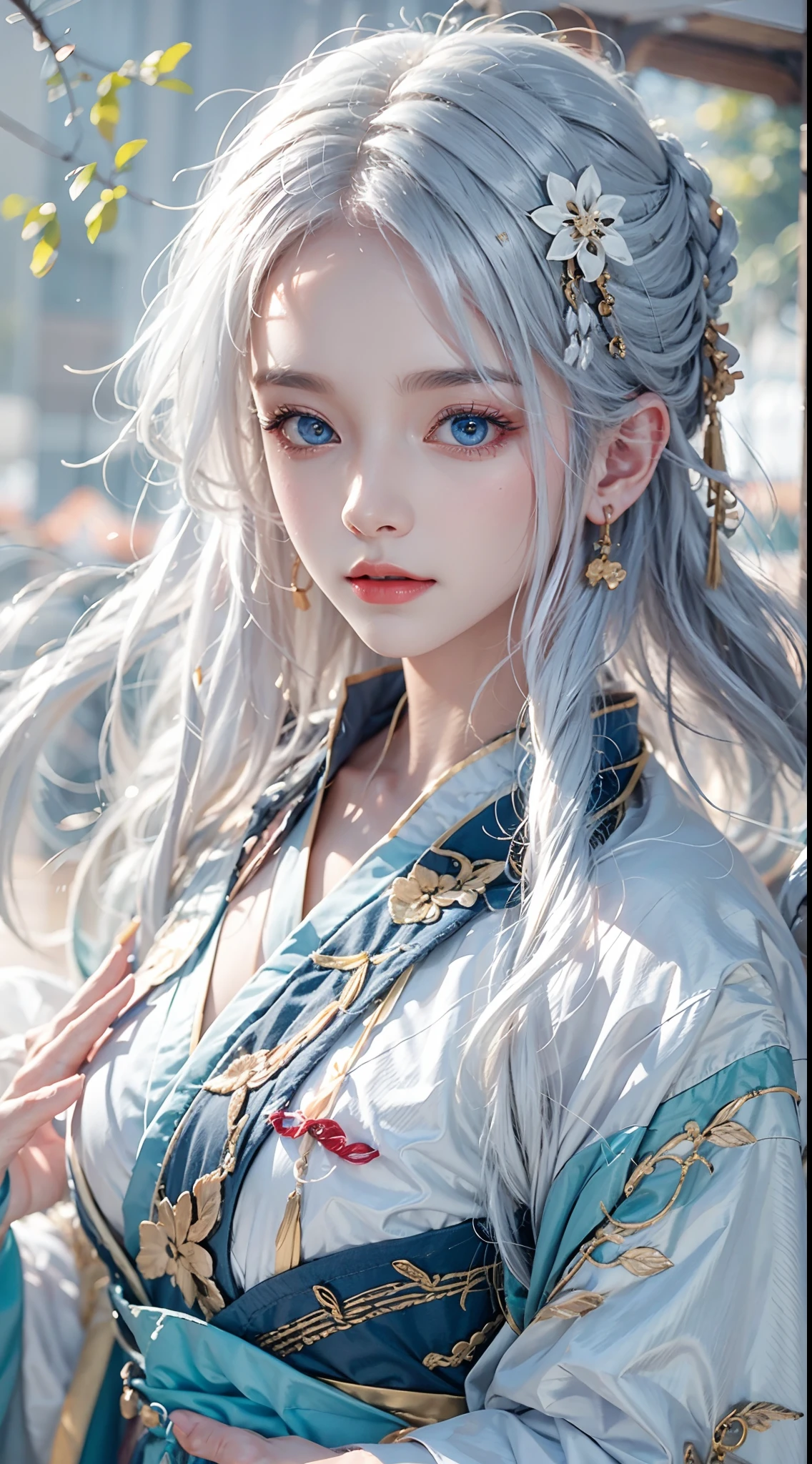 photorealistic, high resolution, soft light,1women, solo, hips up, (detailed face), silver hair, ru_qun, colorful hanfu tattoo, jewelry