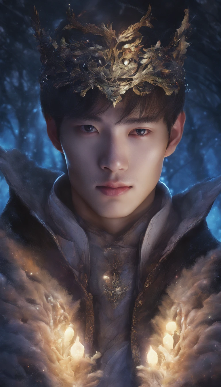 Winter lights, winter setting, Masterpiece, Young Korean idol boy in Focous shot, Korean male,Full body size, Christmas theme, With gray eyes, Vertical pupils, forest, whaite hair, Cold look, Lightweight, modern clothing, Pale skin, colorgrading, Lighting illustration, the person in the middle, Extreme quality, Radiant, Extremely detailed, Ultra-detailed face, Ultra HD 8K, ultra digitality, Mythical, Winter night lightning, Concept art portrait by Greg rutkowski, Art germ, ultra - detailed, intricate art, Fantasy style, triadic colours, Fantastical, intricately details, Splash screen, complementary colours, fantasy concept art, 8K resolution, Deviantart's masterpiece, Oil painting, Heavy strokes, Soft lighting, Film photography, analogue photography, filmgrain, anna dittmann, hyper photorealism, oil dripping,Boy,Male, Korean idol male face, Men with short hair,
