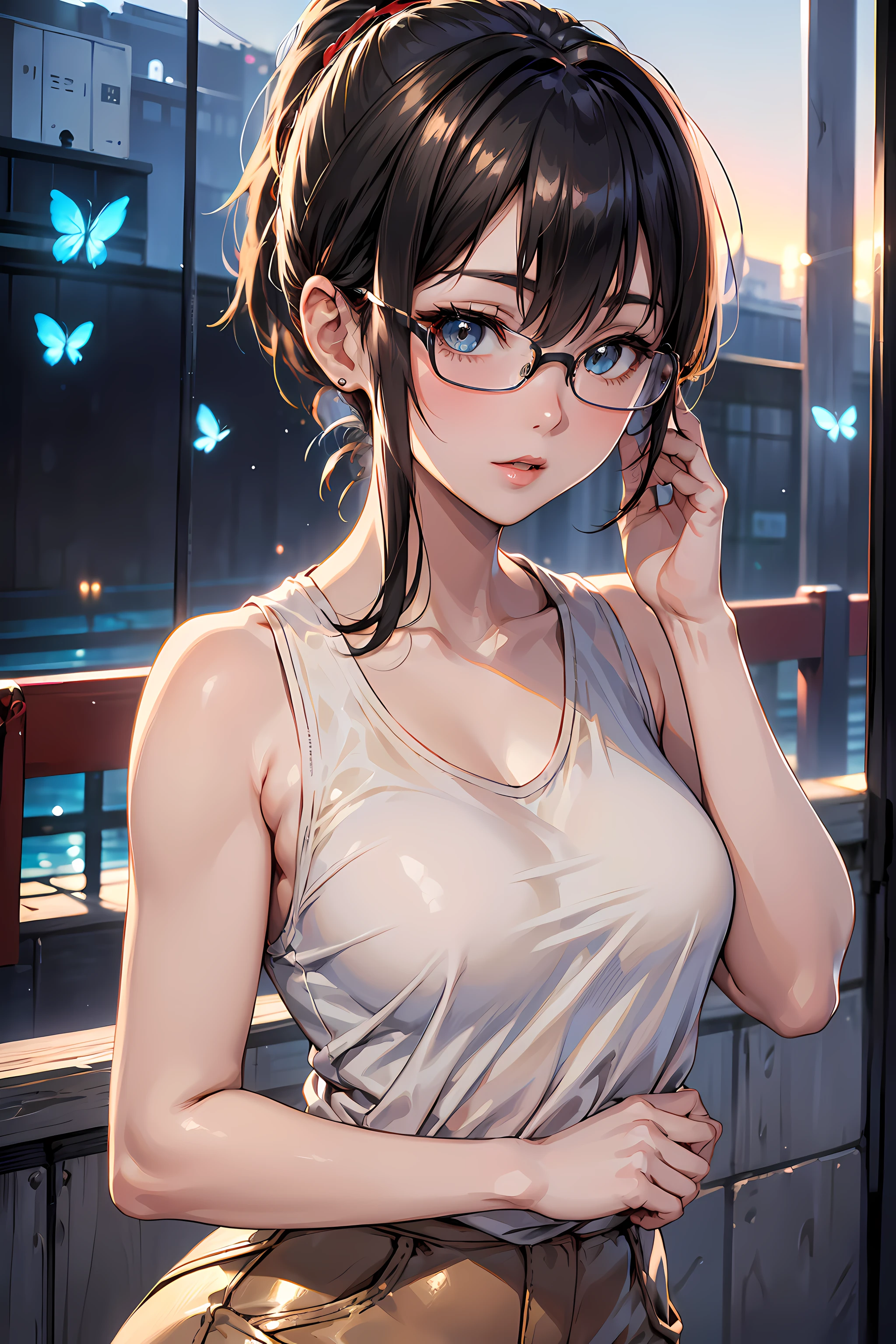(high-school sweater:1.2), (innocent and classy girl:1.2), (high-ponytail Hairstyle, brown-hair), Medium short hair, Very Detailed Face and Skin Texture, Detailed Eyes, Double eyelids, Pale Cheeks, Glossy skin, wet eyes:1.2, shiny little neckless and earrings, Glossy Lips: 1.4, Fair Skin:1.2, (from above distance: 1.2)), Big boob, (embarrassed smile:1.2), (looking at the beholder), (small mouth:1.1), (armpits with front of car:1.2), sunglasses on head,