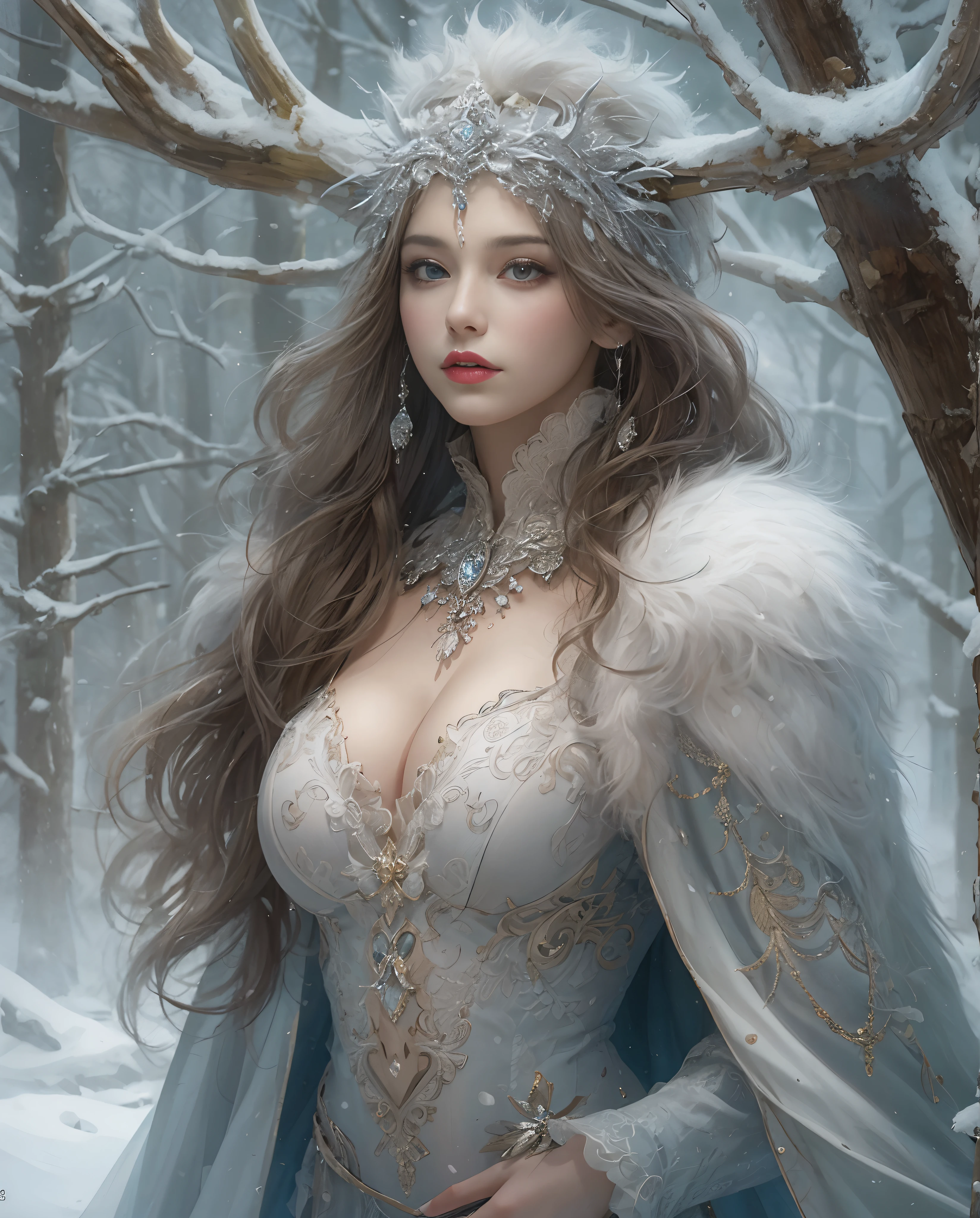 Best quality, masterpiece, meticulous details, intricate detail, realistic, full body, a big breast mystical winter lady with a beautiful ass