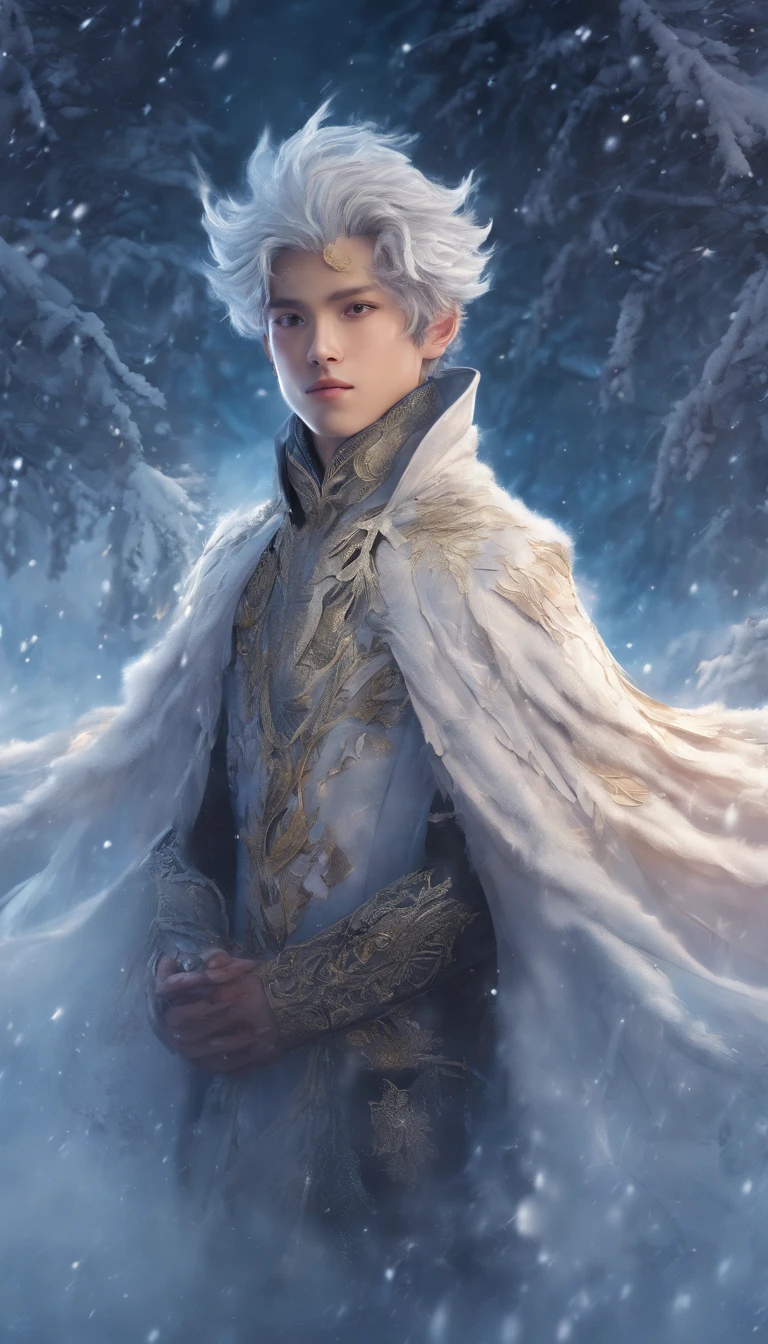 Winter lights, winter setting, Masterpiece, Young Korean idol boy in Focous shot, Korean male,Full body size, Christmas theme, With gray eyes, Vertical pupils, forest, whaite hair, Cold look, Lightweight, modern clothing, Pale skin, colorgrading, Lighting illustration, the person in the middle, Extreme quality, Radiant, Extremely detailed, Ultra-detailed face, Ultra HD 8K, ultra digitality, Mythical, Winter night lightning, Concept art portrait by Greg rutkowski, Art germ, ultra - detailed, intricate art, Fantasy style, triadic colours, Fantastical, intricately details, Splash screen, complementary colours, fantasy concept art, 8K resolution, Deviantart's masterpiece, Oil painting, Heavy strokes, Soft lighting, Film photography, analogue photography, filmgrain, anna dittmann, hyper photorealism, oil dripping,Boy,Male, Korean idol male face, Men with short hair,