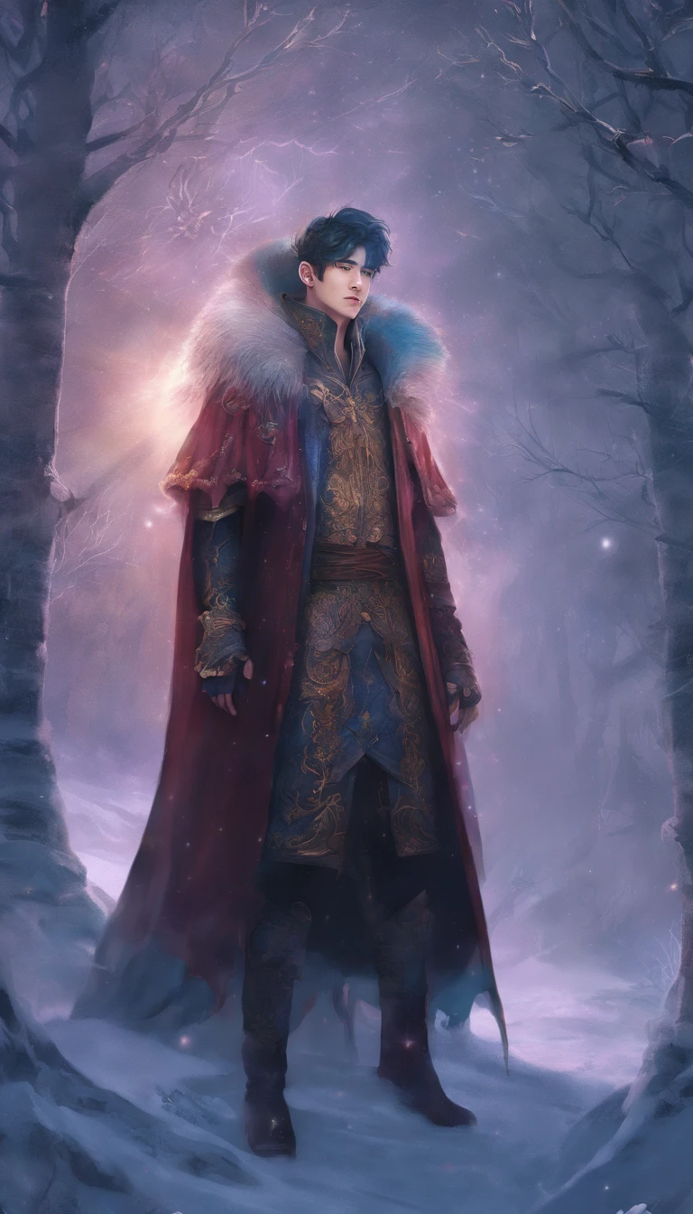 Winter lights, winter setting, Masterpiece, Young Korean idol boy in Focous shot, Korean male,Full body size, Christmas theme, With gray eyes, Vertical pupils, forest, whaite hair, Cold look, Lightweight, modern clothing, Pale skin, colorgrading, Lighting illustration, the person in the middle, Extreme quality, Radiant, Extremely detailed, Ultra-detailed face, Ultra HD 8K, ultra digitality, Mythical, Winter night lightning, Concept art portrait by Greg rutkowski, Art germ, ultra - detailed, intricate art, Fantasy style, triadic colours, Fantastical, intricately details, Splash screen, complementary colours, fantasy concept art, 8K resolution, Deviantart's masterpiece, Oil painting, Heavy strokes, Soft lighting, Film photography, analogue photography, filmgrain, anna dittmann, hyper photorealism, oil dripping,Boy,Male, Korean idol male face, Men with short hair,