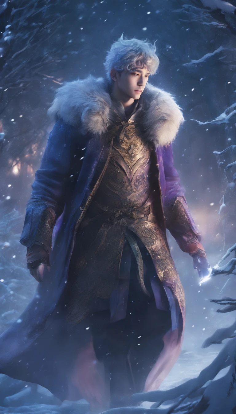 Winter lights, winter setting, Masterpiece, Young Korean idol boy in Focous shot, Korean male,Full body size, Christmas theme, With gray eyes, Vertical pupils, forest, whaite hair, Cold look, Lightweight, modern clothing, Pale skin, colorgrading, Lighting illustration, the person in the middle, Extreme quality, Radiant, Extremely detailed, Ultra-detailed face, Ultra HD 8K, ultra digitality, Mythical, Winter night lightning, Concept art portrait by Greg rutkowski, Art germ, ultra - detailed, intricate art, Fantasy style, triadic colours, Fantastical, intricately details, Splash screen, complementary colours, fantasy concept art, 8K resolution, Deviantart's masterpiece, Oil painting, Heavy strokes, Soft lighting, Film photography, analogue photography, filmgrain, anna dittmann, hyper photorealism, oil dripping,Boy,Male, Korean idol male face, Men with short hair,