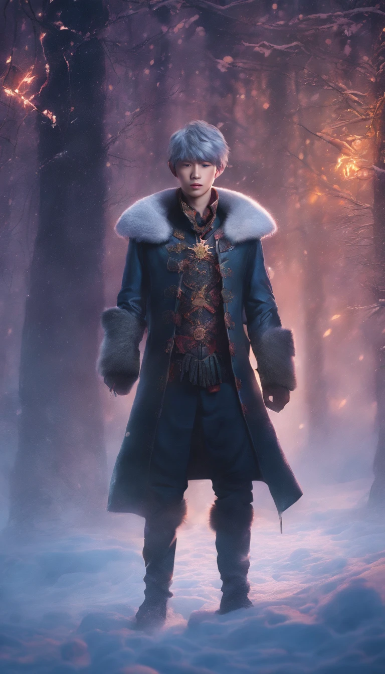 Winter lights, winter setting, Masterpiece, Young Korean idol boy in Focous shot, Korean male,Full body size, Christmas theme, With gray eyes, Vertical pupils, forest, whaite hair, Cold look, Lightweight, modern clothing, Pale skin, colorgrading, Lighting illustration, the person in the middle, Extreme quality, Radiant, Extremely detailed, Ultra-detailed face, Ultra HD 8K, ultra digitality, Mythical, Winter night lightning, Concept art portrait by Greg rutkowski, Art germ, ultra - detailed, intricate art, Fantasy style, triadic colours, Fantastical, intricately details, Splash screen, complementary colours, fantasy concept art, 8K resolution, Deviantart's masterpiece, Oil painting, Heavy strokes, Soft lighting, Film photography, analogue photography, filmgrain, anna dittmann, hyper photorealism, oil dripping,Boy,Male, Korean idol male face, Men with short hair,