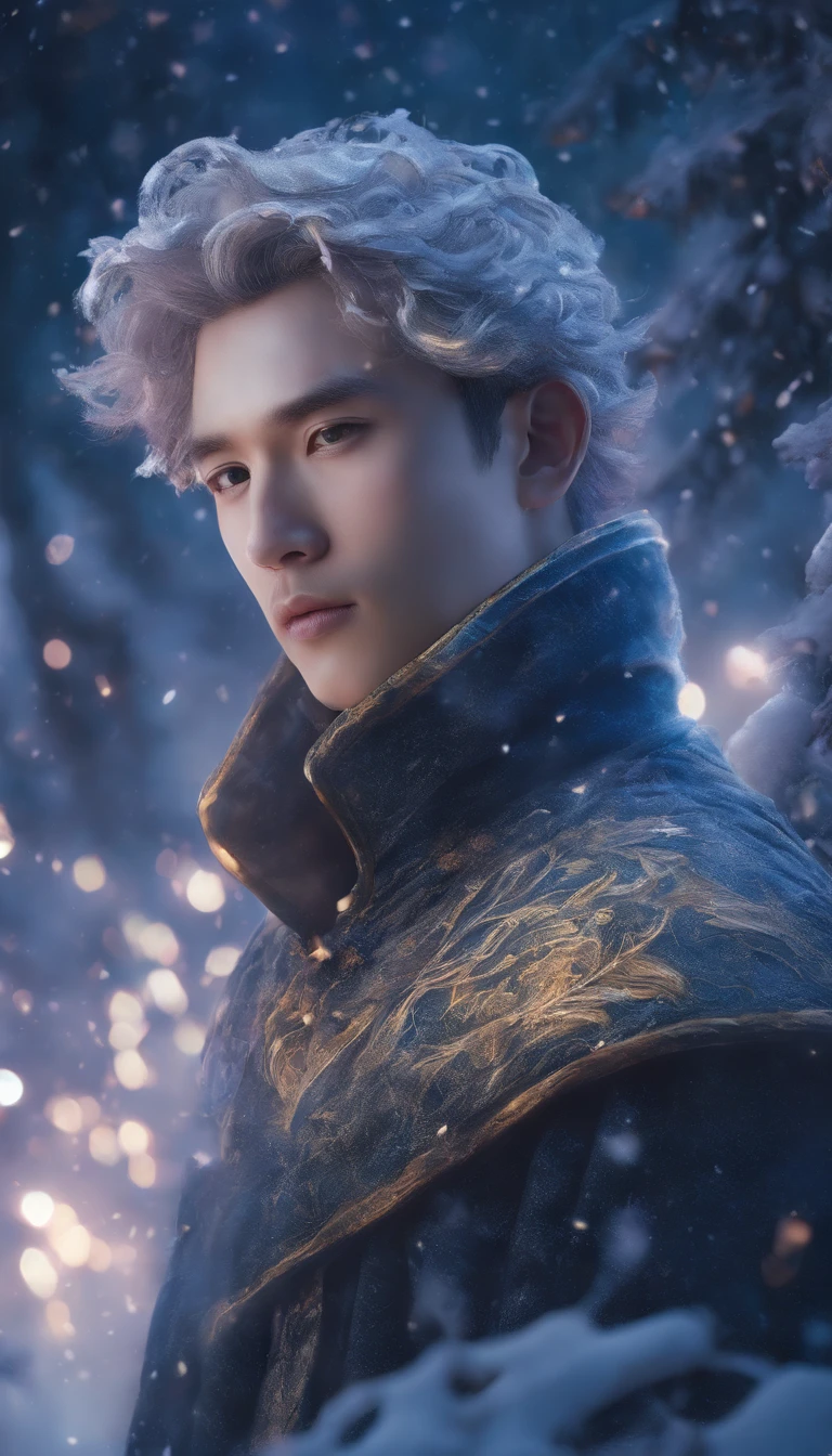 Winter lights, winter setting, Masterpiece, Young Korean idol boy in Focous shot, Korean male,Full body size, Christmas theme, With gray eyes, Vertical pupils, forest, whaite hair, Cold look, Lightweight, modern clothing, Pale skin, colorgrading, Lighting illustration, the person in the middle, Extreme quality, Radiant, Extremely detailed, Ultra-detailed face, Ultra HD 8K, ultra digitality, Mythical, Winter night lightning, Concept art portrait by Greg rutkowski, Art germ, ultra - detailed, intricate art, Fantasy style, triadic colours, Fantastical, intricately details, Splash screen, complementary colours, fantasy concept art, 8K resolution, Deviantart's masterpiece, Oil painting, Heavy strokes, Soft lighting, Film photography, analogue photography, filmgrain, anna dittmann, hyper photorealism, oil dripping,Boy,Male, Korean idol male face, Men with short hair,