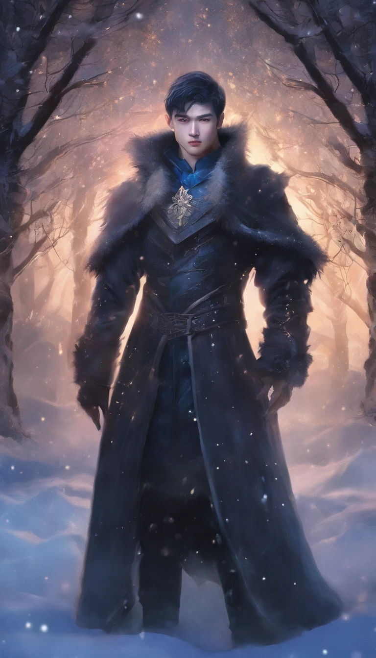 Winter lights, winter setting, Masterpiece, Young Korean idol boy in Focous shot, Korean male,Full body size, Christmas theme, With gray eyes, Vertical pupils, forest, whaite hair, Cold look, Lightweight, modern clothing, Pale skin, colorgrading, Lighting illustration, the person in the middle, Extreme quality, Radiant, Extremely detailed, Ultra-detailed face, Ultra HD 8K, ultra digitality, Mythical, Winter night lightning, Concept art portrait by Greg rutkowski, Art germ, ultra - detailed, intricate art, Fantasy style, triadic colours, Fantastical, intricately details, Splash screen, complementary colours, fantasy concept art, 8K resolution, Deviantart's masterpiece, Oil painting, Heavy strokes, Soft lighting, Film photography, analogue photography, filmgrain, anna dittmann, hyper photorealism, oil dripping,Boy,Male, Korean idol male face, Men with short hair,