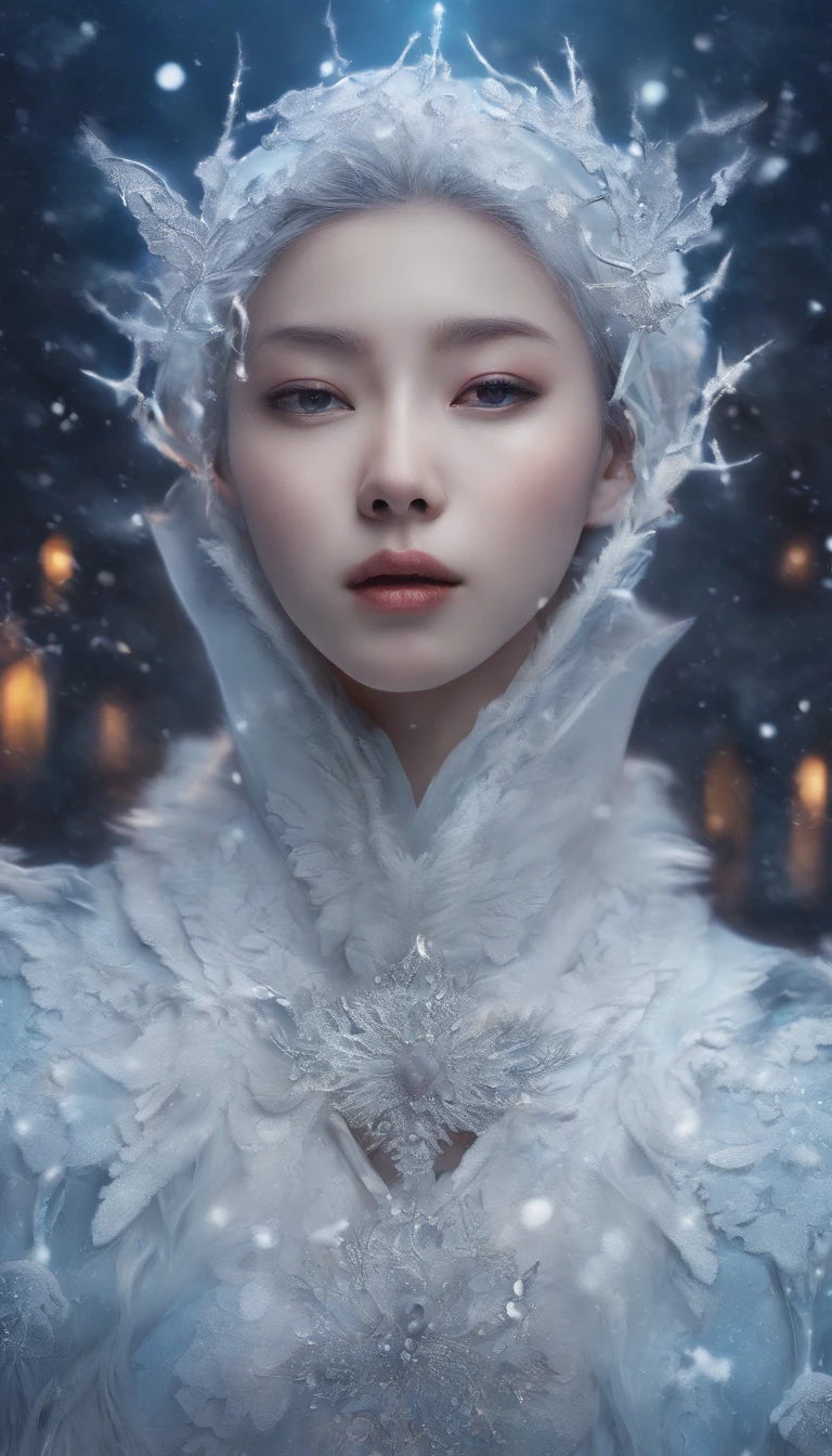 Winter lights, winter setting, Masterpiece, Young Korean idol boy in Focous shot, Korean male,Full body size, Christmas theme, With gray eyes, Vertical pupils, forest, whaite hair, Cold look, Lightweight, modern clothing, Pale skin, colorgrading, Lighting illustration, the person in the middle, Extreme quality, Radiant, Extremely detailed, Ultra-detailed face, Ultra HD 8K, ultra digitality, Mythical, Winter night lightning, Concept art portrait by Greg rutkowski, Art germ, ultra - detailed, intricate art, Fantasy style, triadic colours, Fantastical, intricately details, Splash screen, complementary colours, fantasy concept art, 8K resolution, Deviantart's masterpiece, Oil painting, Heavy strokes, Soft lighting, Film photography, analogue photography, filmgrain, anna dittmann, hyper photorealism, oil dripping,Boy,Male, Korean idol male face, Men with short hair,