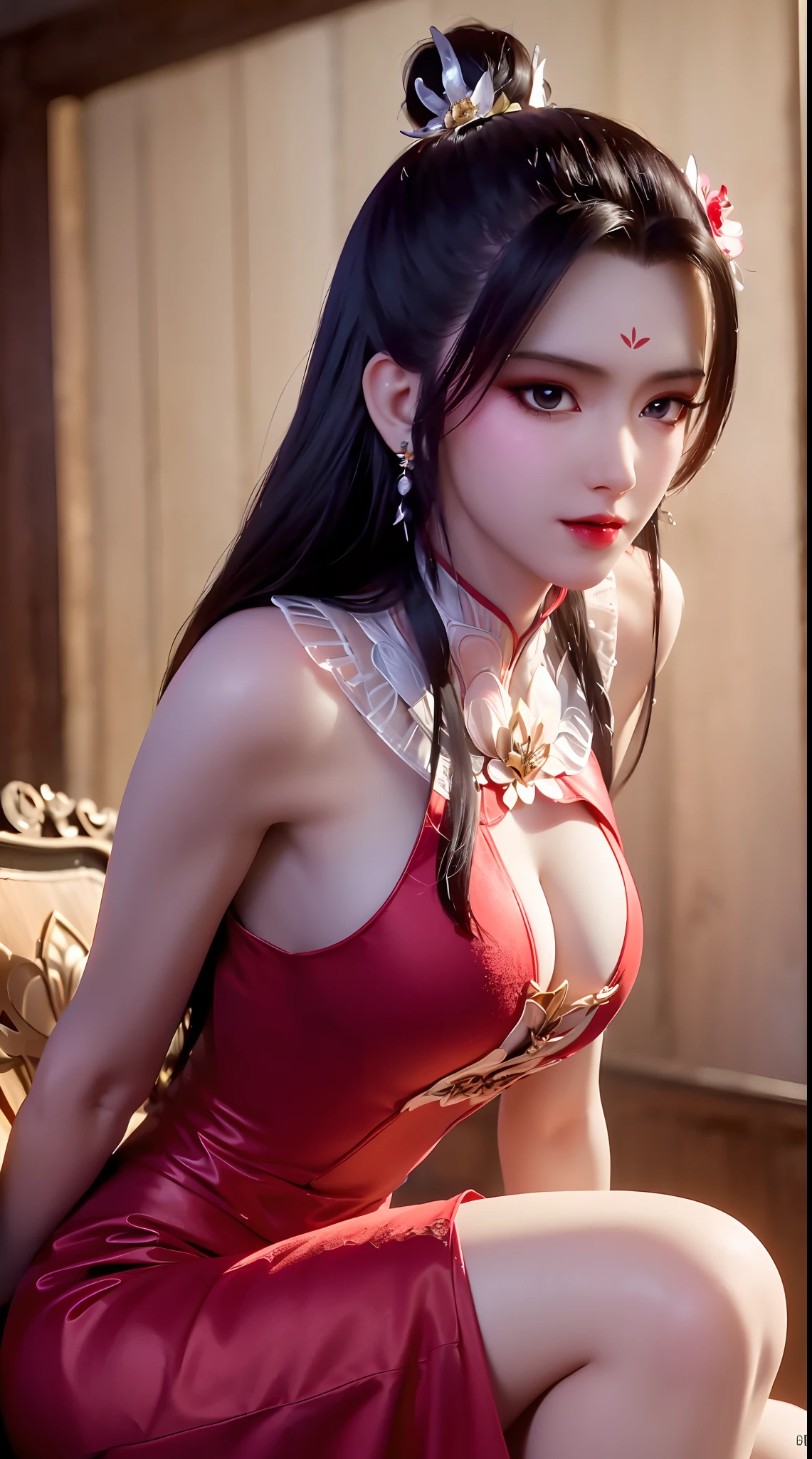 1 beautiful and sexy 20 year old girl, ((wearing a super thin red dress:1.8)), a dress with diamonds, black chest border with gold border, long hair and white bangs, detailed hair jewelry and most beautiful, Super cute baby face, Very pretty face, sparse eyebrows, flawless beautiful face, ((black pupils:0.8)), very beautiful eyes, ((red eyes:1.4)), beautiful and detailed eyelashes and very magical makeup, high nose, earrings, thin lips, red lips, no smile, beautiful lips, rosy face, clean face, flawless beautiful face, smooth white skin, ( big breasts: 0.9)), Blums breasts, ((big and super round breasts): 0.9)), ((super tight breasts: 1.2)), ((breast augmentation: 0.8)), beautiful breasts, sitting on the floor, chest facing forward, upper body of pretty girl, 8k photo, super high quality, super realistic, 10x super pixel, realistic photo, bright studio, light border, two-tone light color, skin (high high detail): 1.2) , 8k ultra, soft light, high quality, light volume, realistic, Image, high resolution, light, Best photo, 4k, 8k quality, effects blur, Smooth and sharp, 10 x pixels, aurora, lightning, super sharp graphics, most realistic graphics ,((red flower background:1.7: 1.7)), alone, solo, portrait 9: 16, Extremely sharp, surreal images."