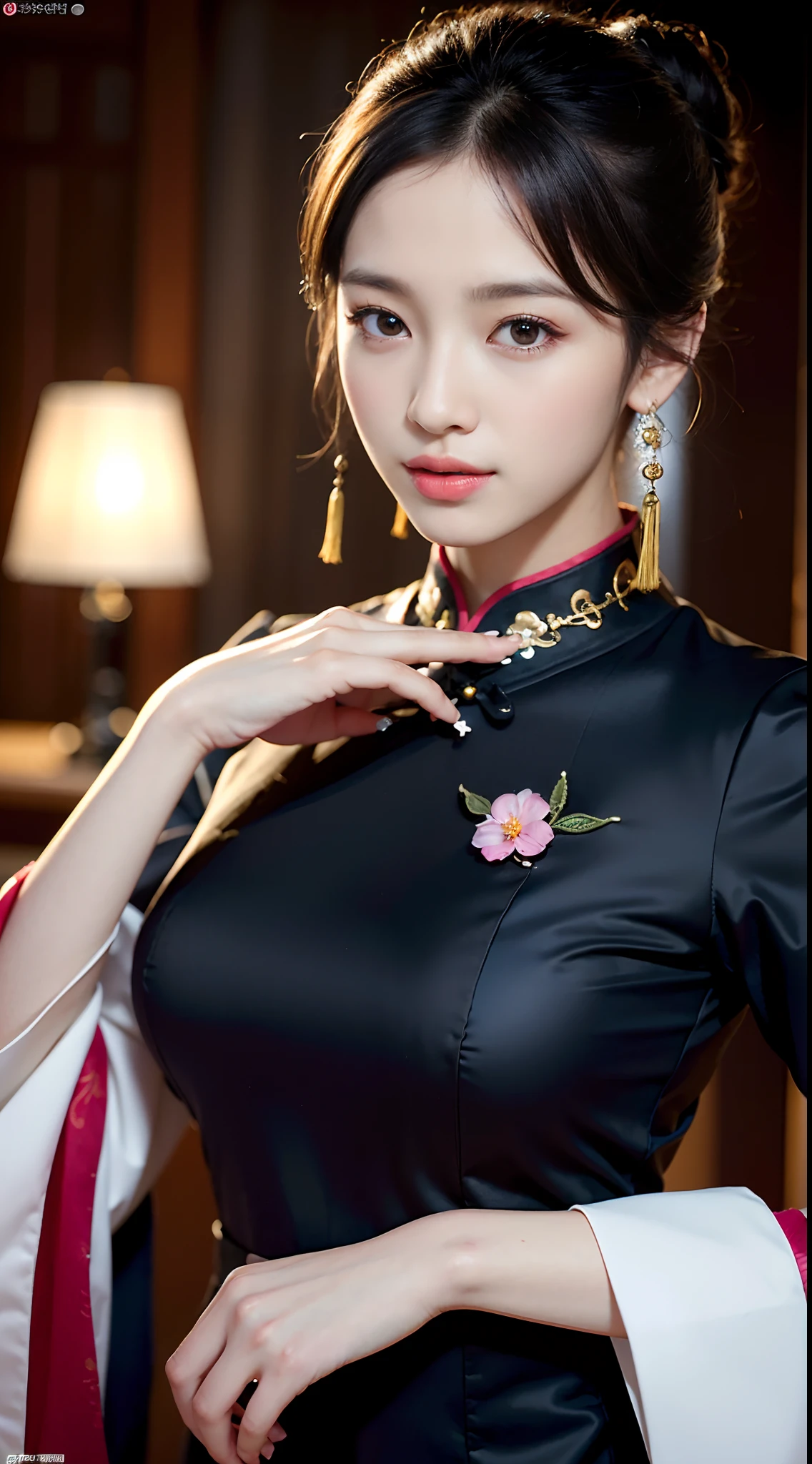(8K, Raw photo, Best Quality, masutepiece:1.2), (Realistic, Photorealsitic:1.37),1girl in, Professional Lighting, Photon mapping, Radio City, Raw photo、(Photorealsitic:1.4)、Octane number renderin、Complex 3D rendering ultra detail, Studio Soft Light, Rim Lights, vibrant detail, super detailing, realistic skin textures, Detail Face, Beautiful detail eyes, Very detailed CG Unity 16k wallpaper, make - up, (detailedbackground:1.2),Colossal tits、Best Quality, 超A high resolution, masutepiece, 1girl in, 20yr old, Black hair,(Cheongsam), cute face, Bun,a temple background、乃木坂アイドル、韓国アイドル、Japan idle