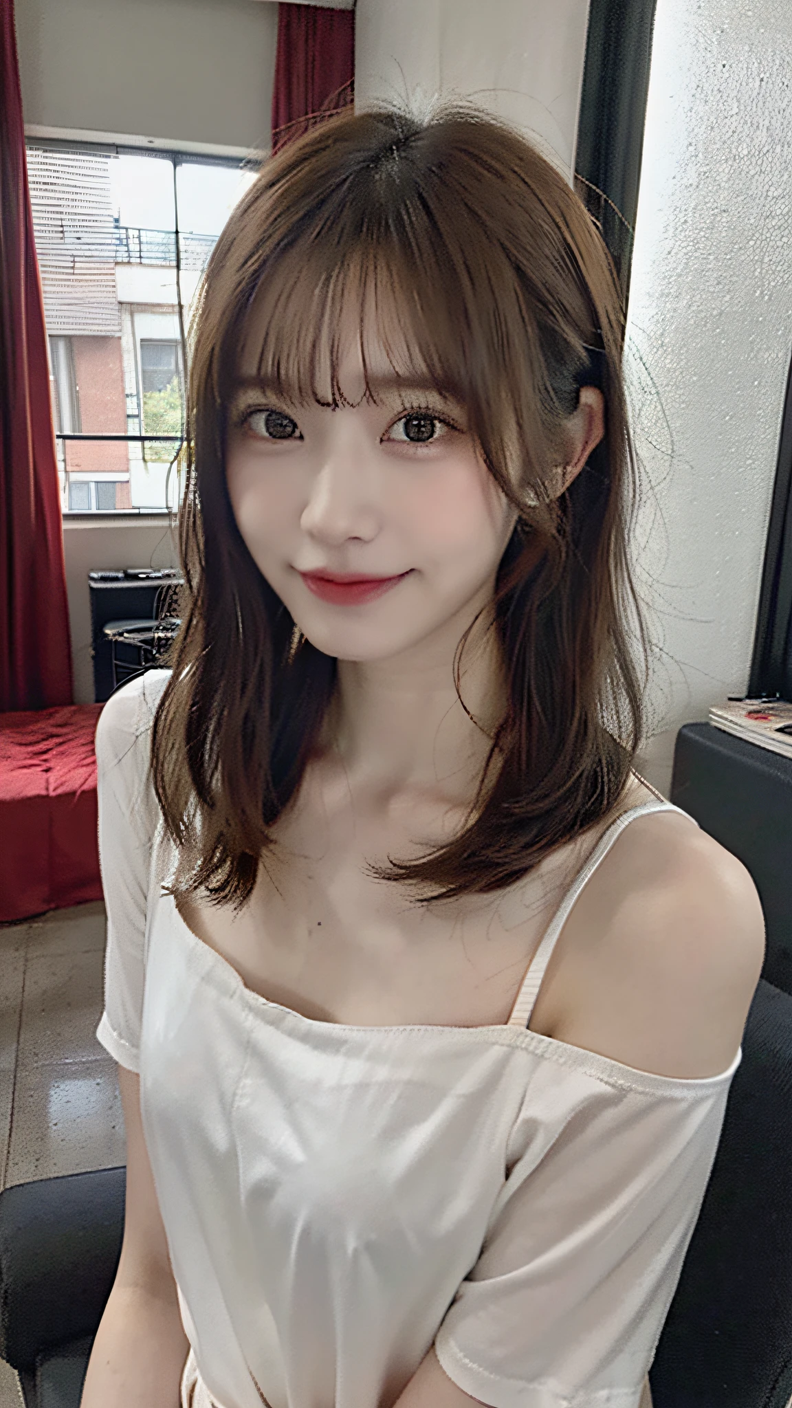 (masterpiece:1.3), (8K, Photorealsitic, Raw photography, Top image quality: 1.4), Japan high school girls、(small tits:1.3)、(Random hairstyles:1.2)、Super Detail Face、Eye of Detail、二重まぶた、foco nítido:1.2、prety woman:1.4、light brown hair、top-quality、masterpiece、超A high resolution、(Photorealsitic:1.4)、slender、(Outstanding smile)、(eye line:1.5)、heavy make up:1.8、eye line:1.8、(Looking at the camera)、Wearing an off-the-shoulder black long dress、shoulders are exposed:1.8、High-rise hotel suites、The morning sun is shining through the window