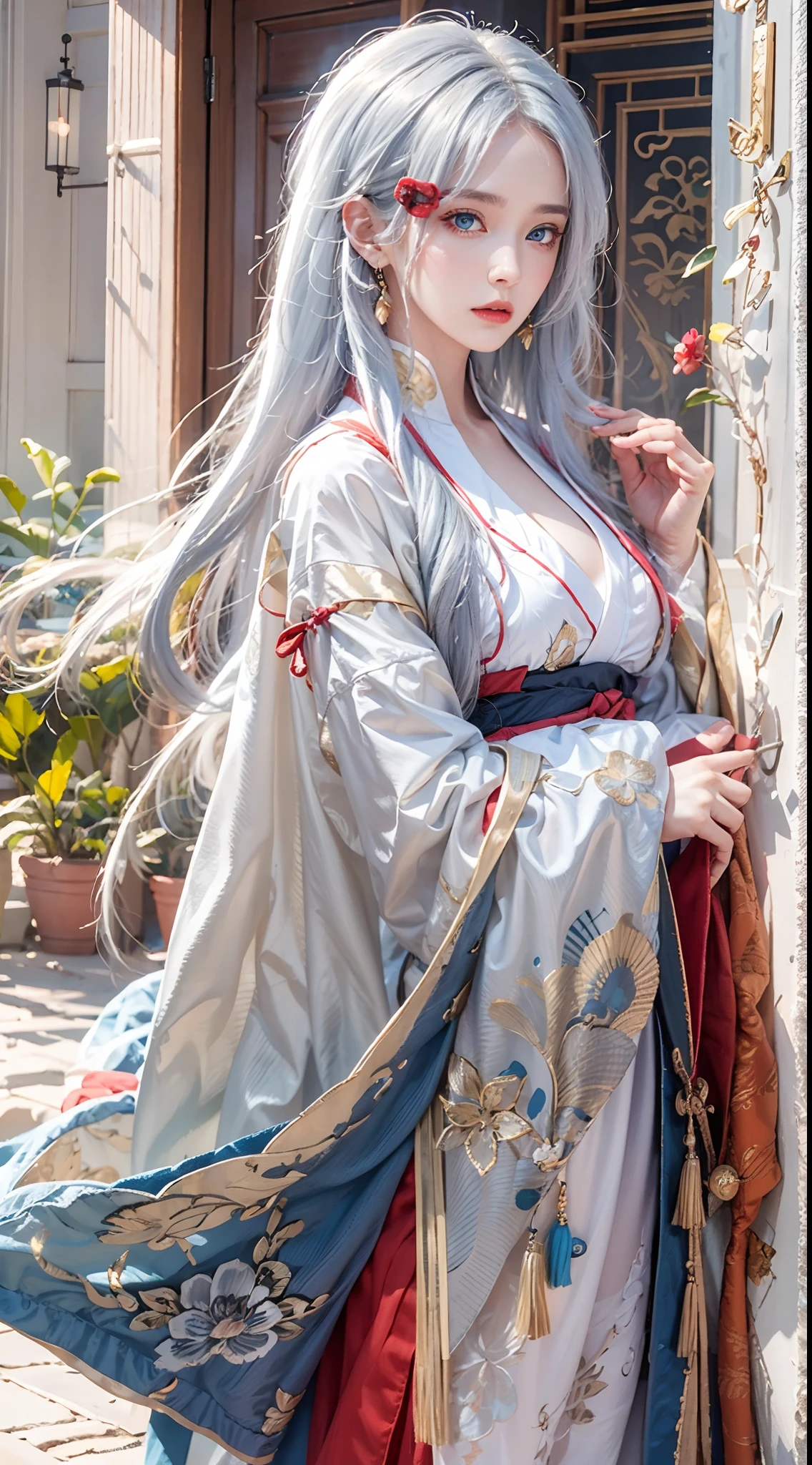 photorealistic, masterpiece, photorealistic, high resolution, soft light, hips up, blue eyes, red hanfu, white hair, long hair, Taoist robe,oversized clothes, jewelry