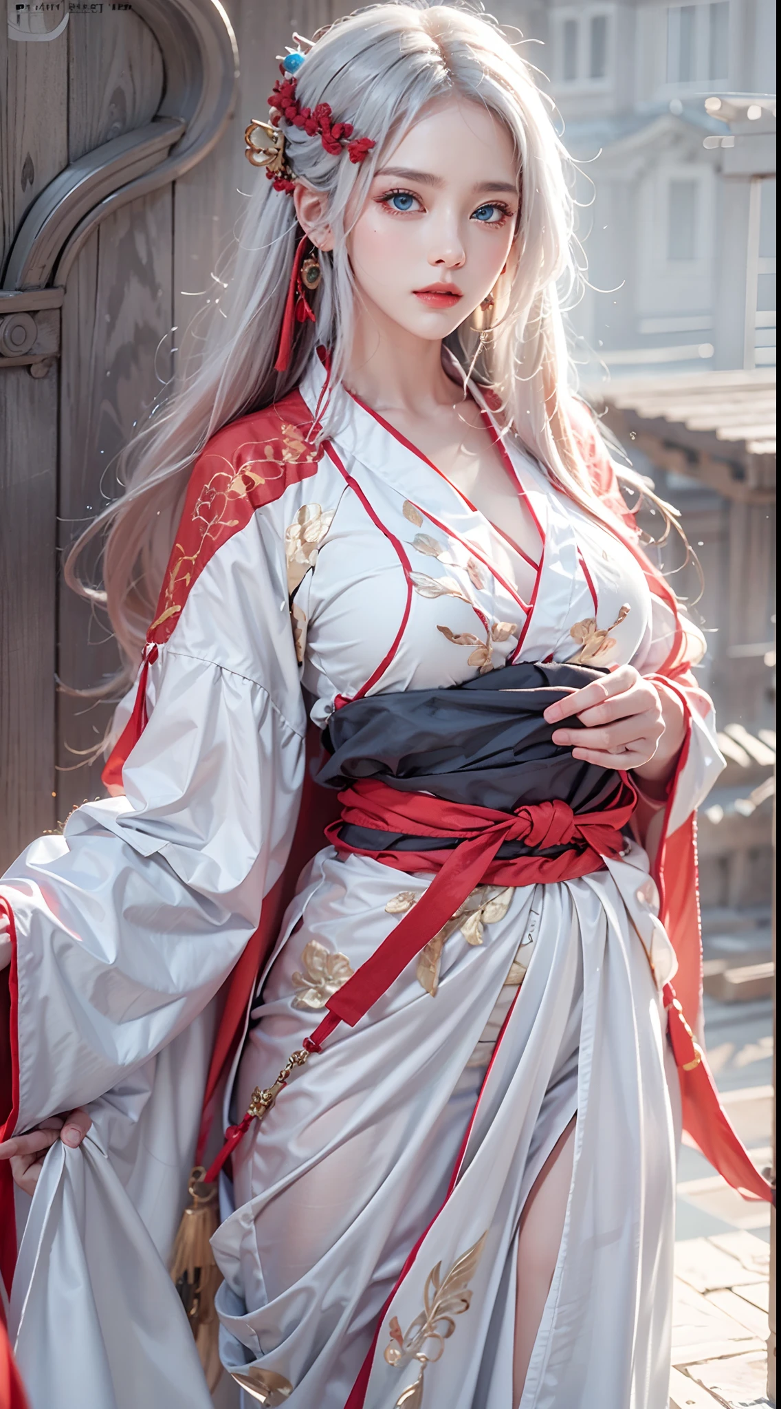 photorealistic, masterpiece, photorealistic, high resolution, soft light, hips up, blue eyes, red hanfu, white hair, long hair, Taoist robe,oversized clothes, jewelry