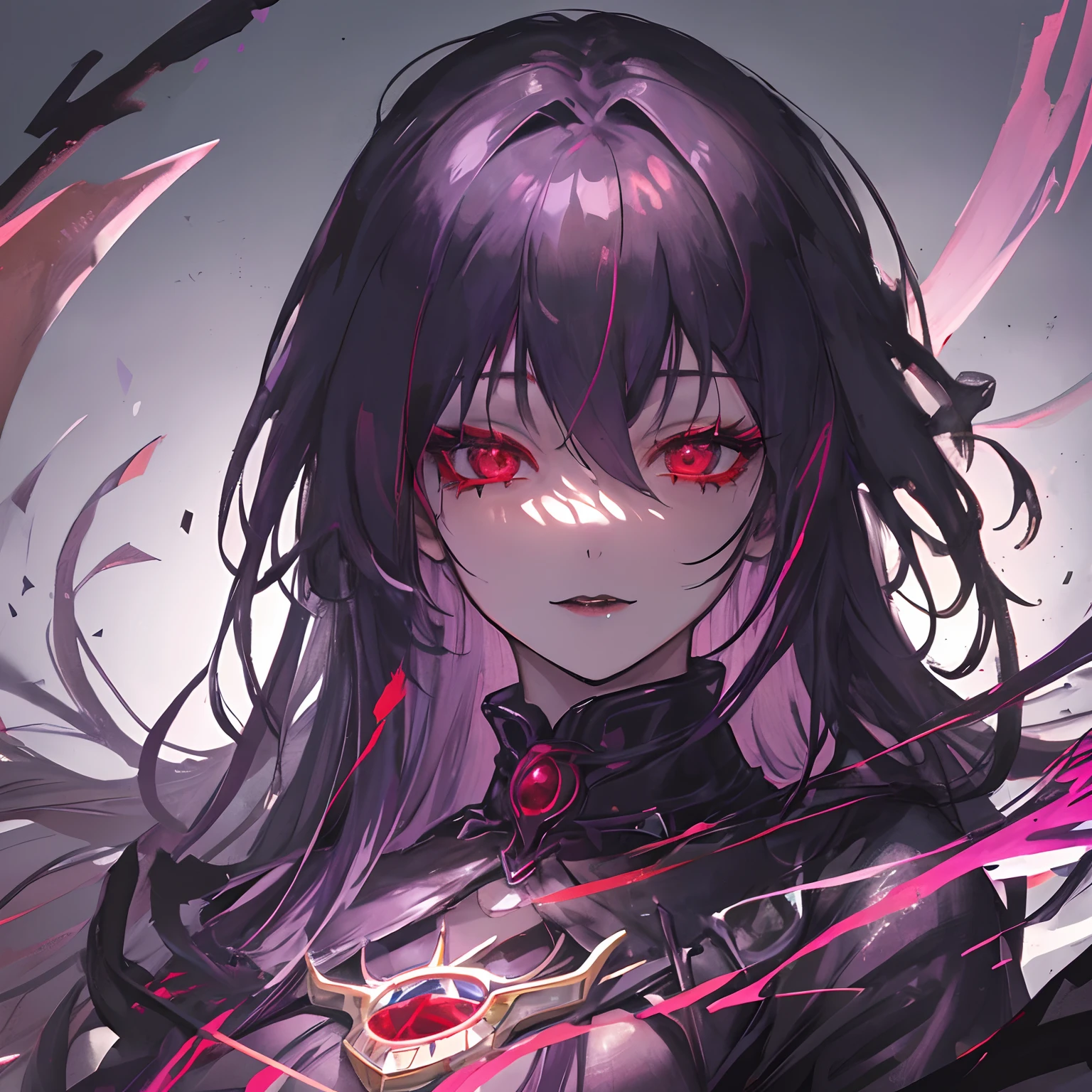 Woman, long dark purple hair, red eyes with a bright light, black long open dress, witch, silver jewelry in the shape of ribs, metal mask on half of the face, black lipstick