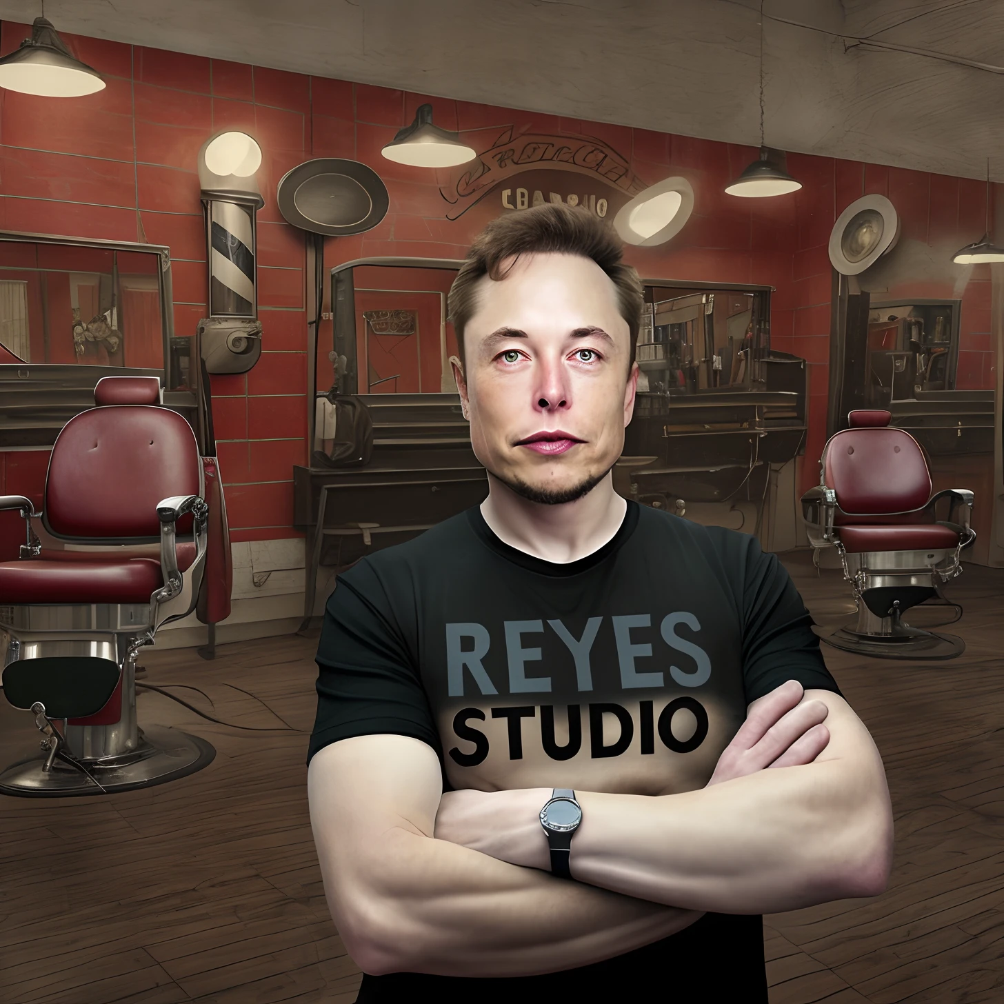 Genera una imagen digital de Elon Musk en una pose segura, con los brazos cruzados, wearing a black T-shirt with the inscription "ESTUDIO REYES" en el pecho. The background of the scene should represent a real barbershop., with characteristic elements such as a classic vintage barber chair, Espejos antiguos, and details of traditional decoration, epic realistic photography, hiperrealista.