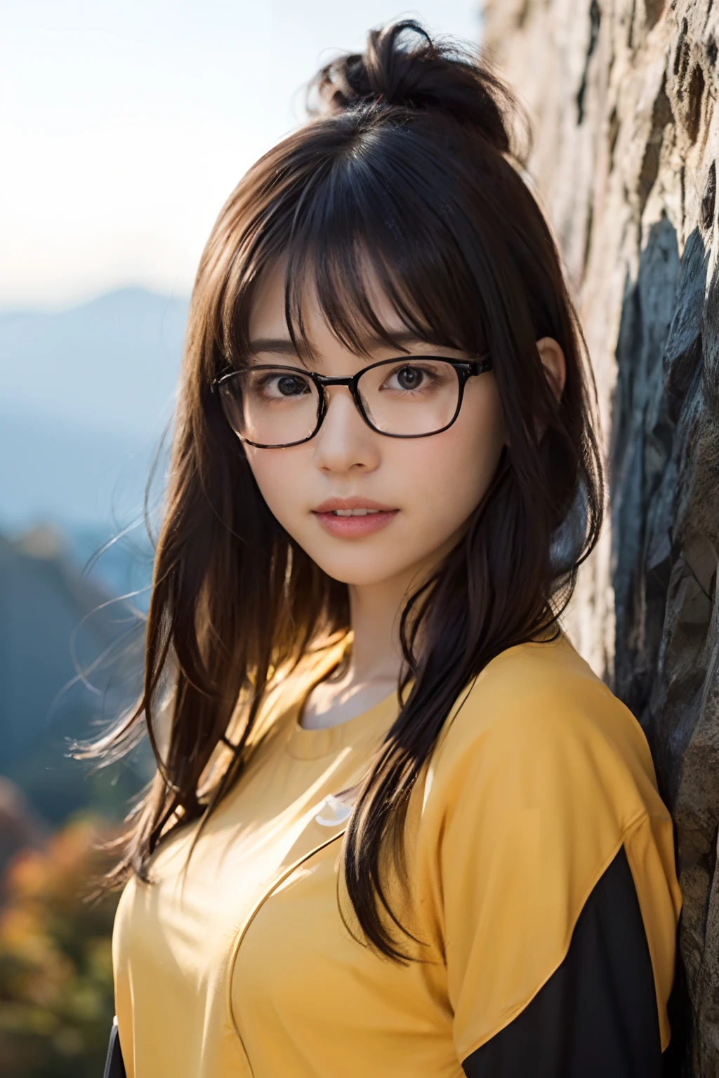(8K、Raw photography、top-quality、masterpiece:1.2)、(realisitic、Photorealsitic:1.37)、ultra-detailliert、超A high resolution、女の子 1 人、29yo、see the beholder、beautifull detailed face、Smile、Constriction、(Slim waist) :1.3)、Beautiful detailed skin、Skin Texture、Floating hair、Hair bunched into one、(Mountaineering Wear:1.4)、Professional Lighting、Barbecue area in autumn、campsite、(((Black square glasses )))、Whole human body、Black hair、((Shameful appearance))、