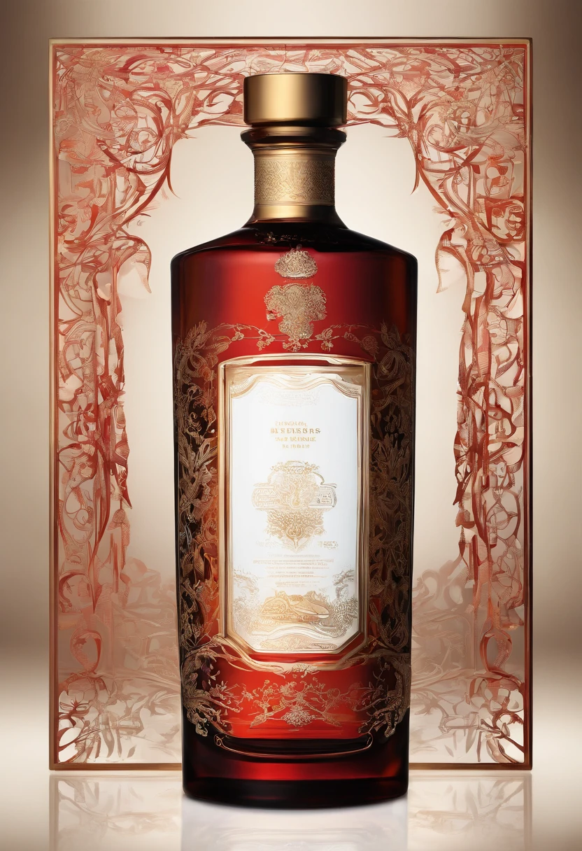 Liquor advertising,A high-end bottle of liquor packaging,Simple,atmospurate,Fine,The red tone is predominant,gold filigree