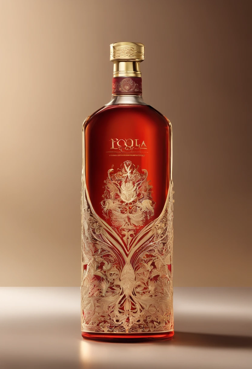 Liquor advertising，A high-end bottle of liquor packaging，Simple，atmospurate，Fine，The red tone is predominant，gold filigree