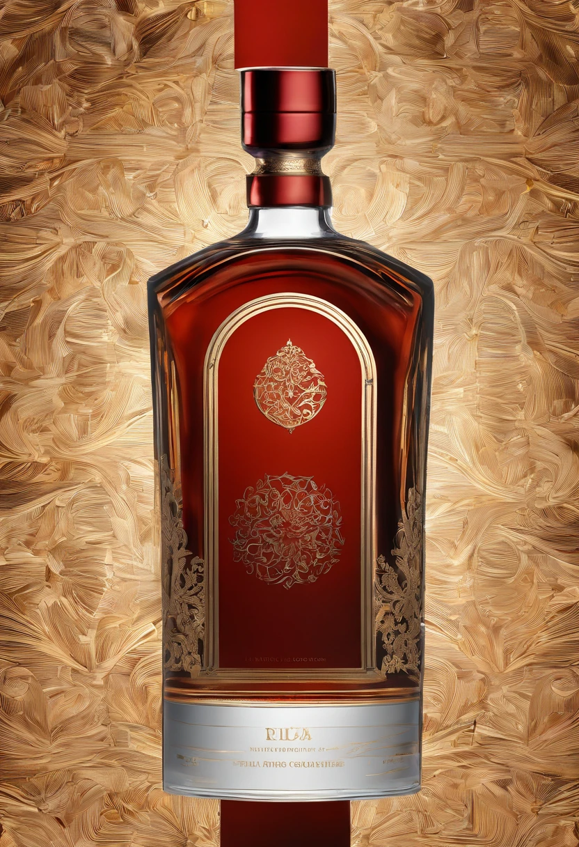 Liquor advertising，A high-end bottle of liquor packaging，Simple，atmospurate，Fine，The red tone is predominant，gold filigree