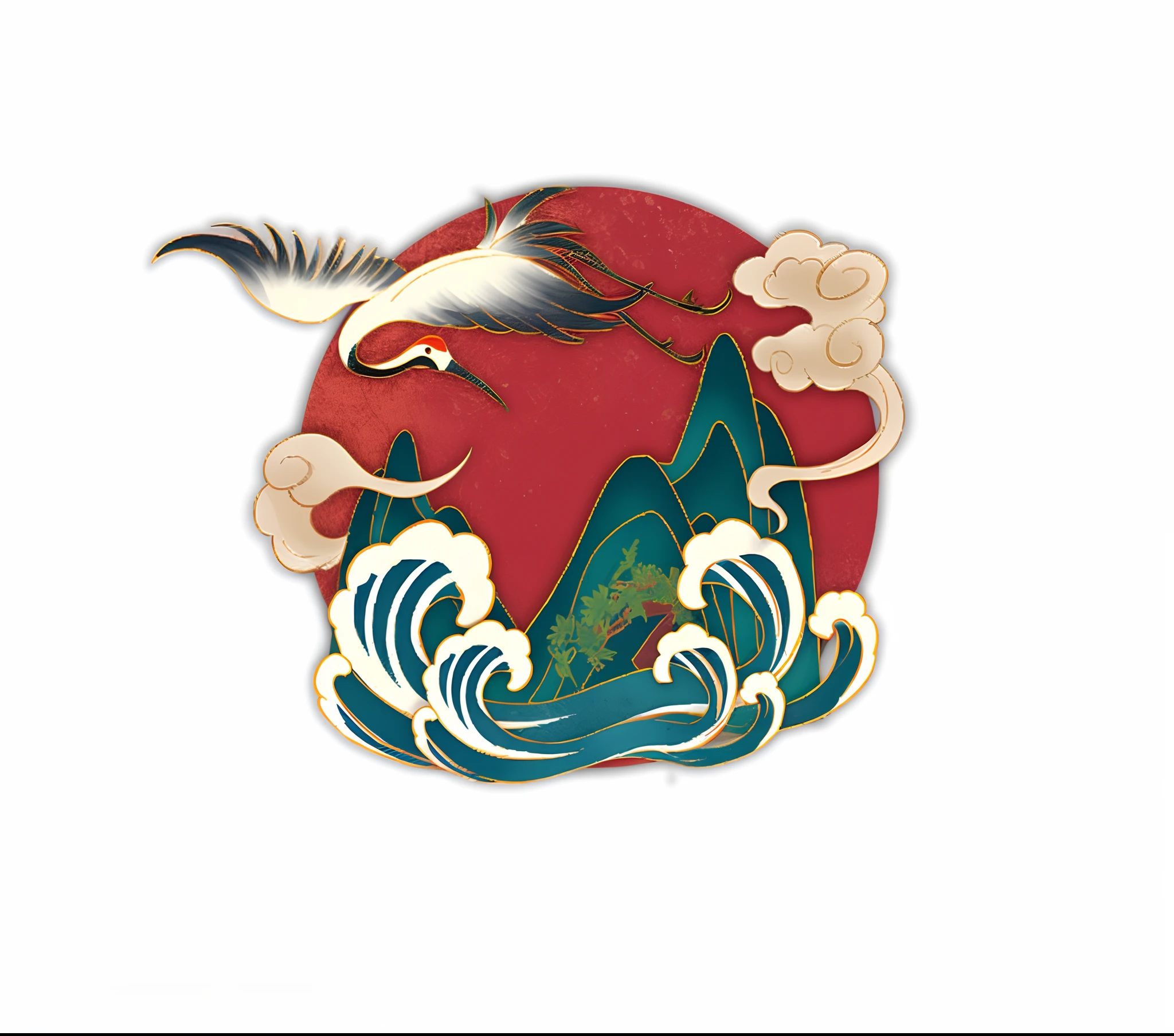 There is a bird flying through the waves in the ocean, Inspired by Utagawa Hiroshige II, japanese crane bird in center, inspired by Katsushika Hokusai, inspired by Yamamoto Shōun, inspired by Hokusai, inspired by Katsuchika Hokusai, inspired by Miyagawa Isshō, inspired by Kawanabe Kyōsai