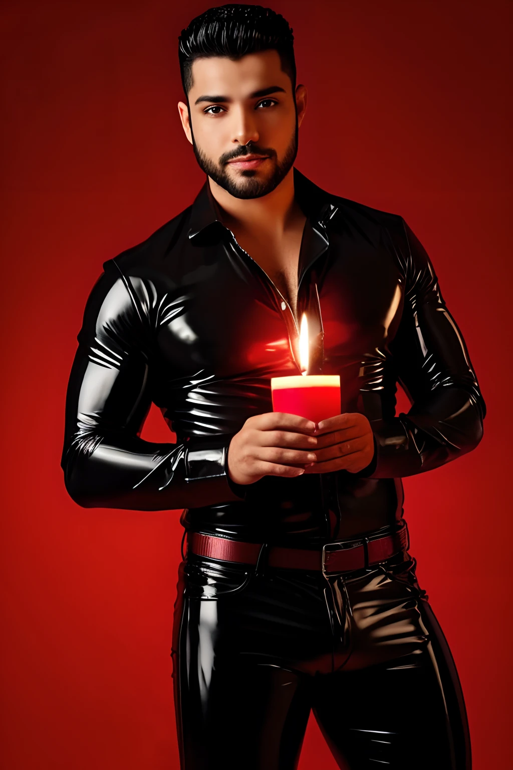 Tattooed male model shaved head, pointy mustache, soul pach, tall, slim fit, loong red leather coat, no shirt, red leather pants, red bolers heat, lighting candles in church