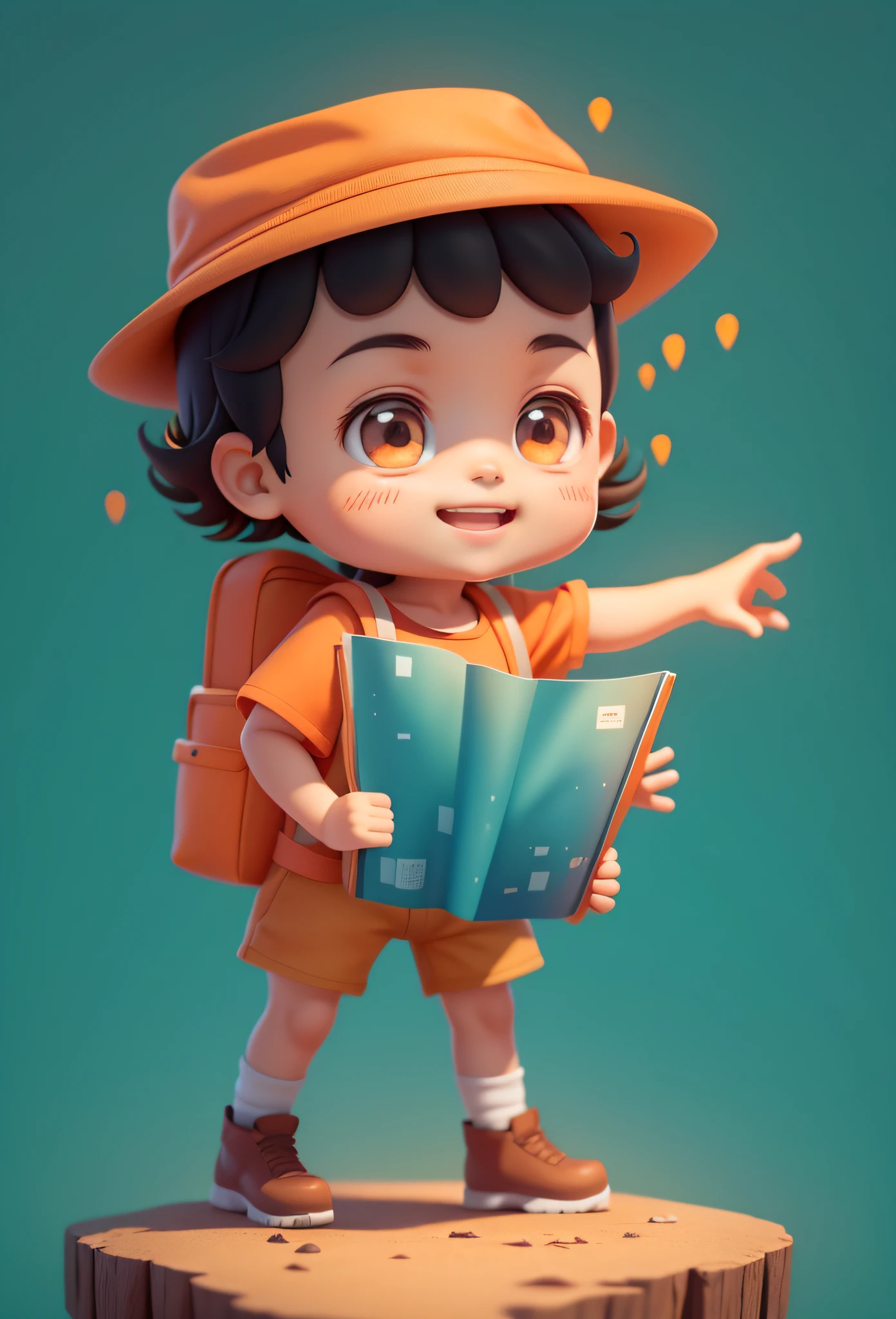 A  going on an expedition, hand holding map, orange shirt, hat head, brown shorts, black hair, smiling, clean background,